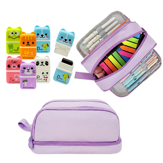 Wrapables Back-to-School Cute and Trendy Savings Bundle, School Supplies Kit with Pencil Case Pencil Pouch and Erasers with Clean Up Roller, Lavender