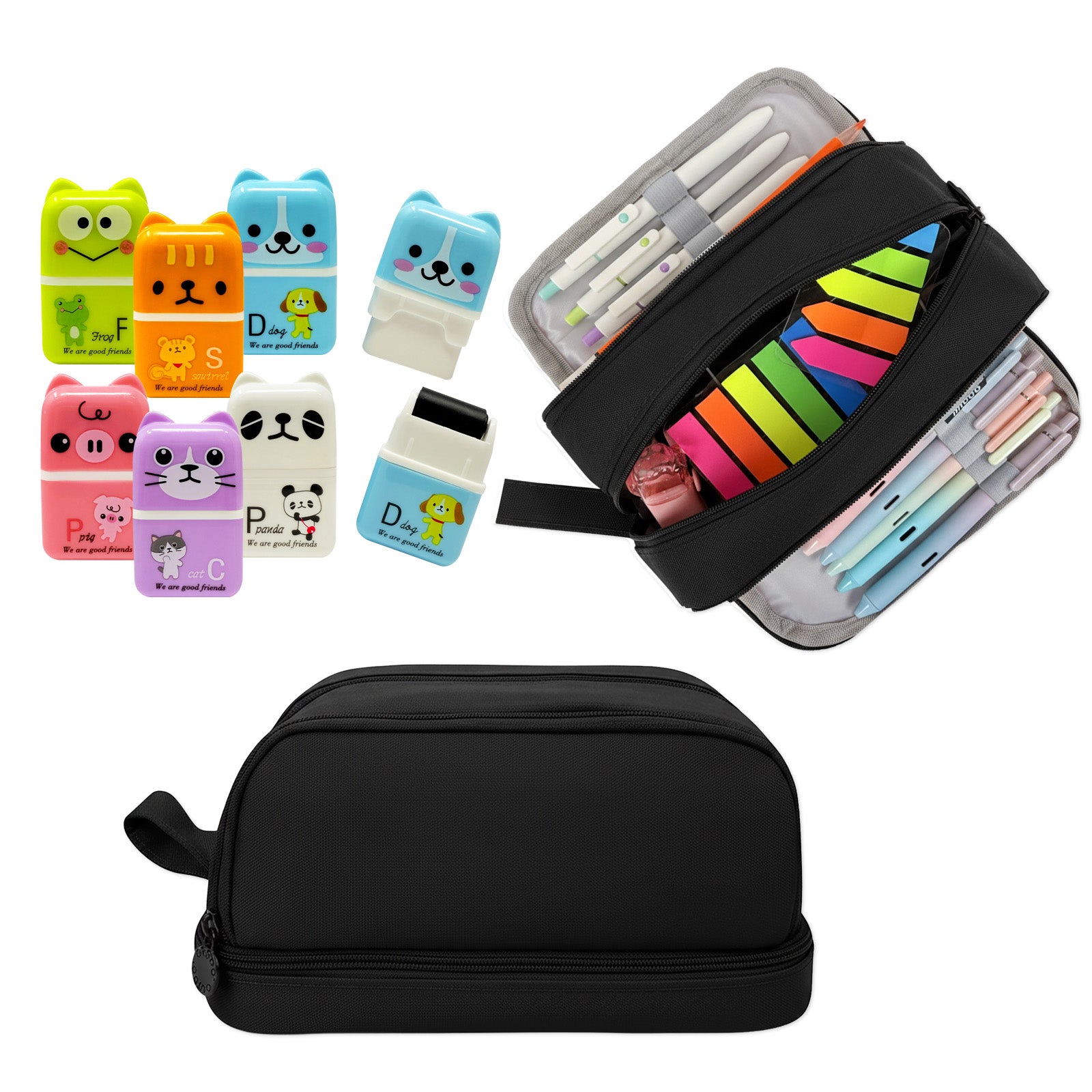 Wrapables Back-to-School Cute and Trendy Savings Bundle, School Supplies Kit with Pencil Case Pencil Pouch and Erasers with Clean Up Roller, Black