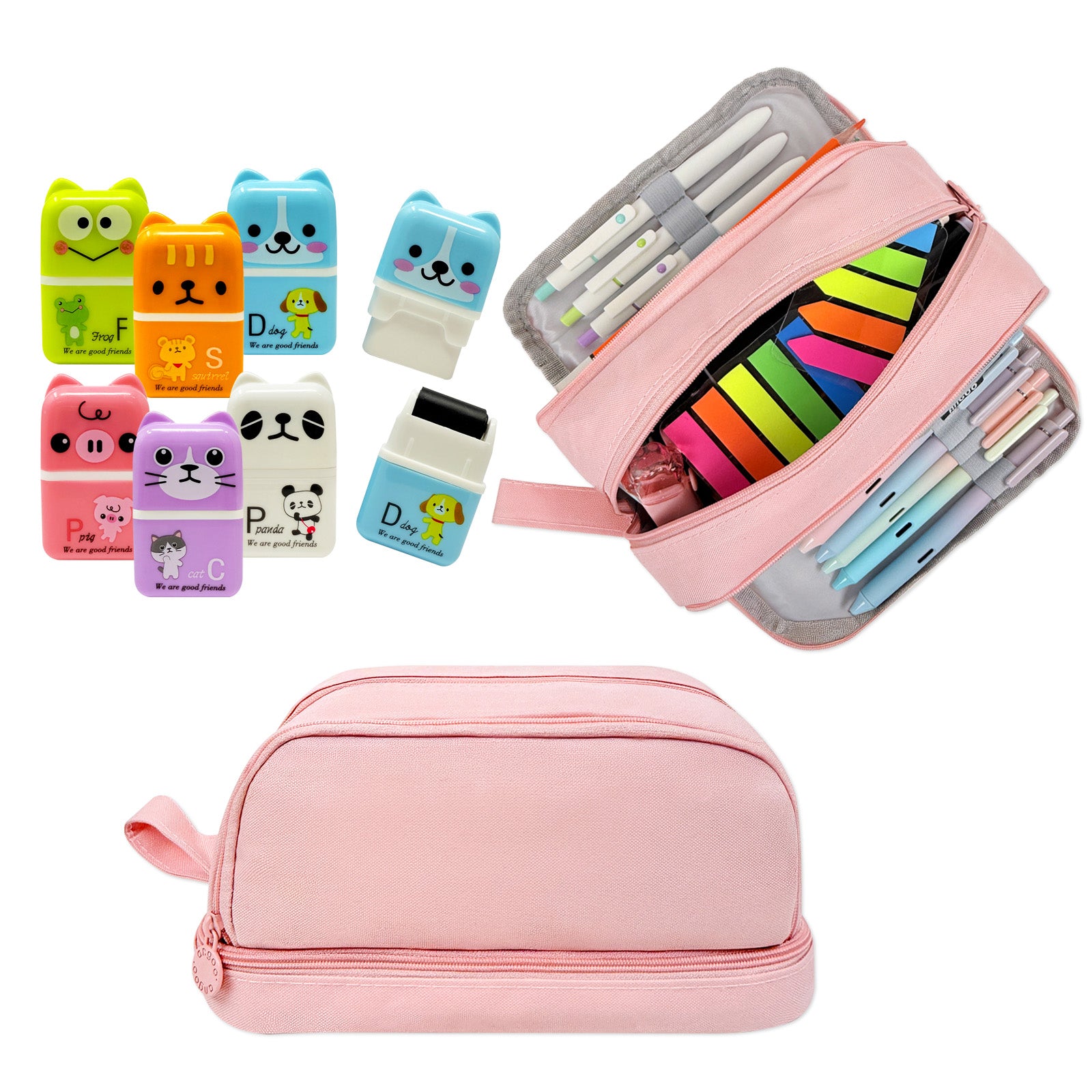 Wrapables Back-to-School Cute and Trendy Savings Bundle, School Supplies Kit with Pencil Case Pencil Pouch and Erasers with Clean Up Roller, Pink