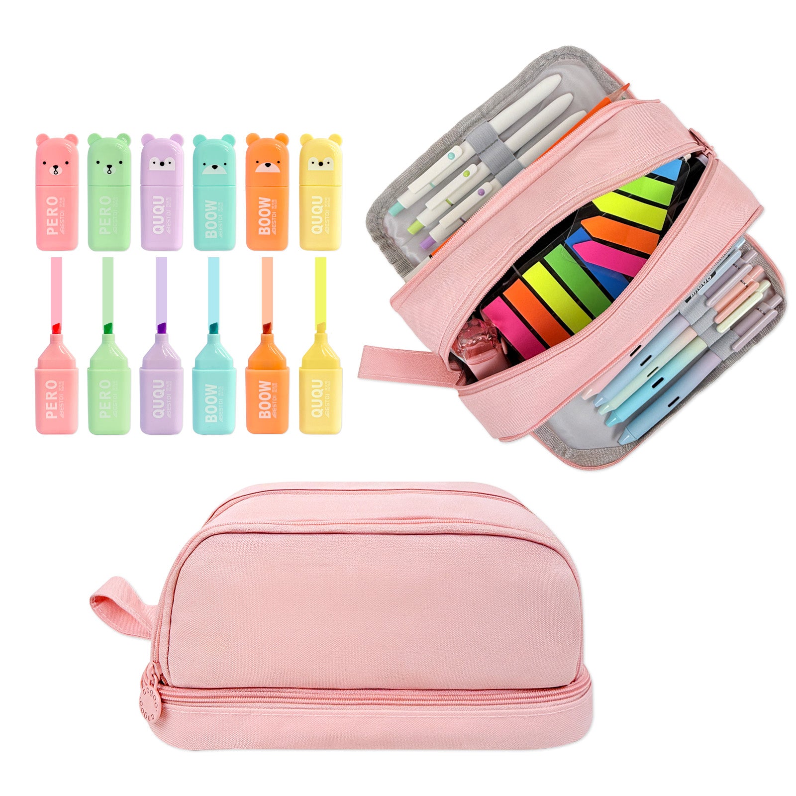 Wrapables Back-to-School Cute and Trendy Super Savers Set, School Supplies Kit with Pencil Case Pencil Pouch and Colorful Bear Highlighters, Pink