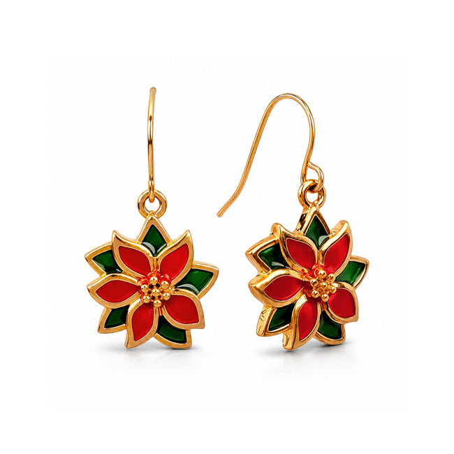 Wrapables Womens Christmas Holiday Poinsettia Drop Earrings, Red and Green Enamel Holiday Flower Earrings