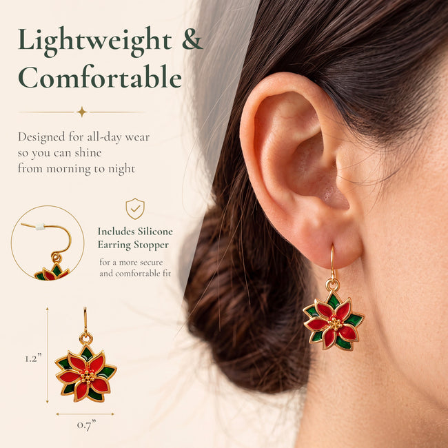 Wrapables Womens Christmas Holiday Poinsettia Drop Earrings, Red and Green Enamel Holiday Flower Earrings
