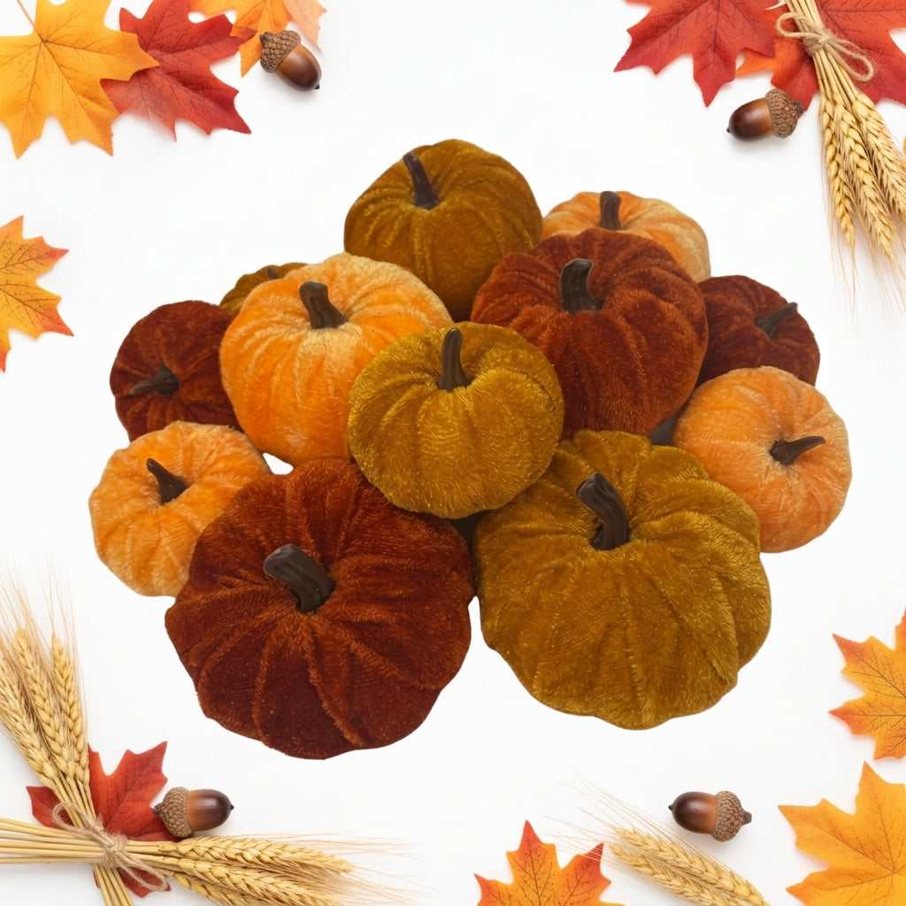 Wrapables Artificial Velvet Pumpkin Decor for Autumn, Fall, Thanksgiving, Harvest Party and Home Decoration (Set of 12)