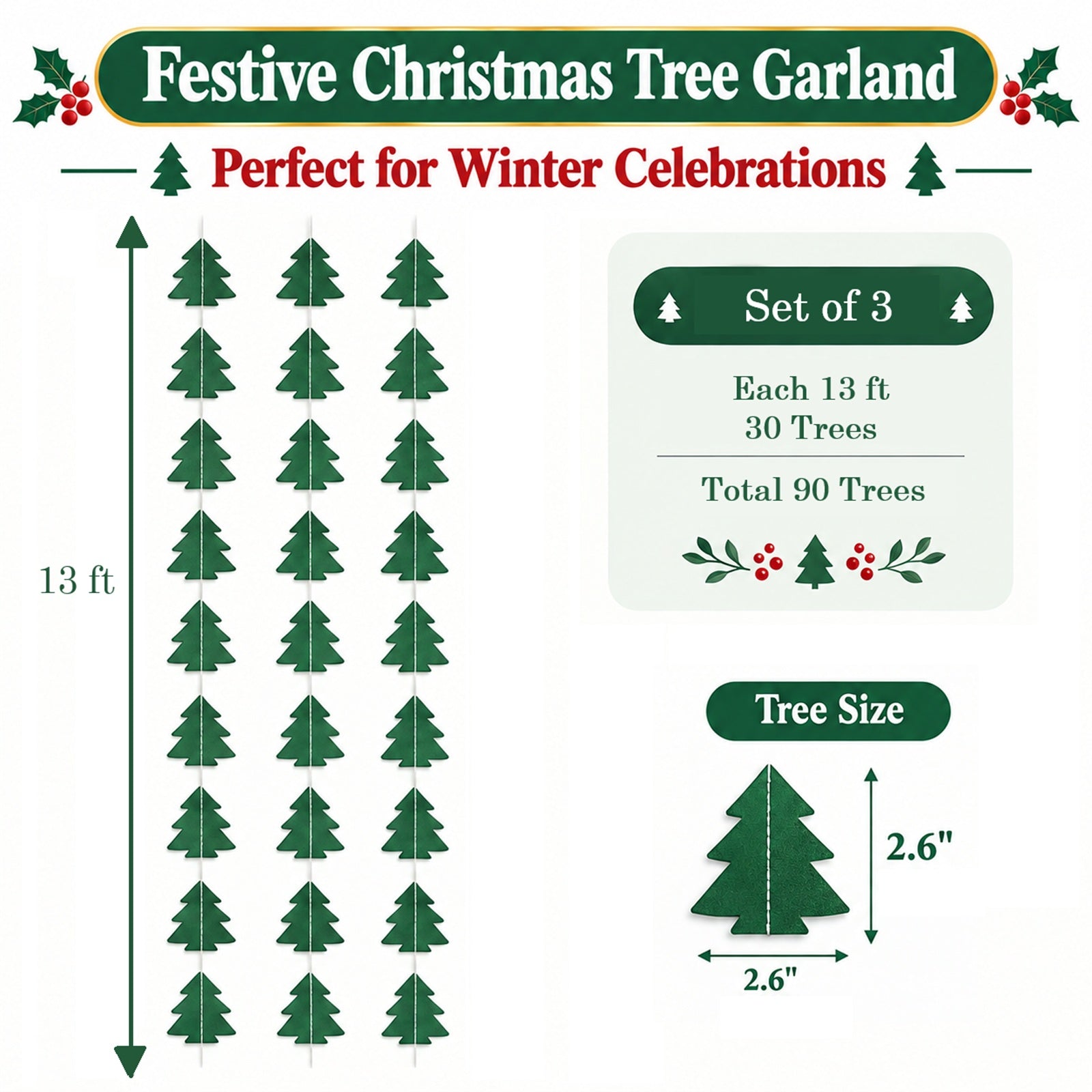 Wrapables Hanging Christmas Tree Banner Garland for Winter Holiday Parties, Birthdays, Baby Showers, New Years Celebrations (Set of 3)