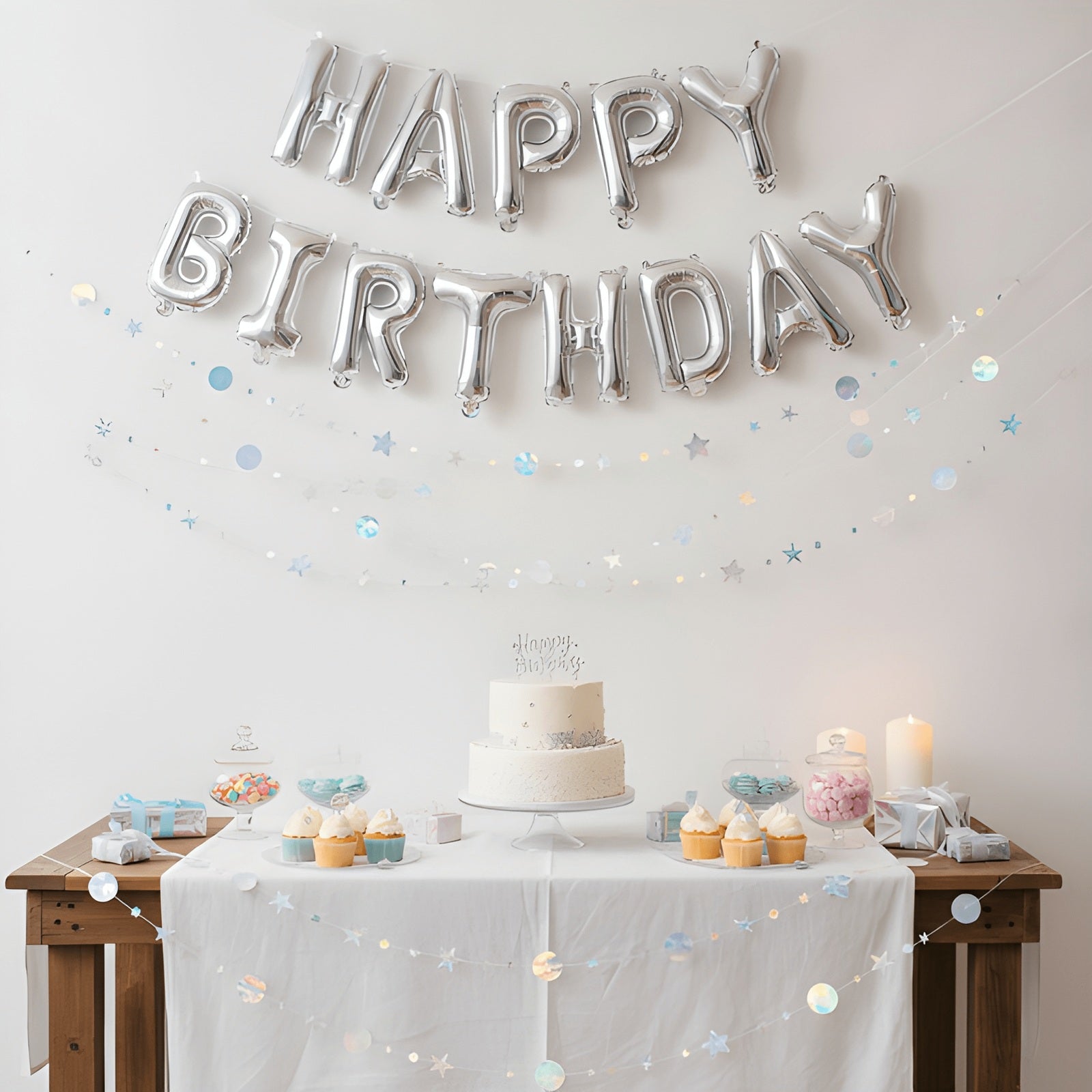 Wrapables Iridescent Holographic Stars and Moon Circle Dot Hanging Garland Streamer Banner for Birthday Parties, Weddings, Anniversaries (Set of 3)