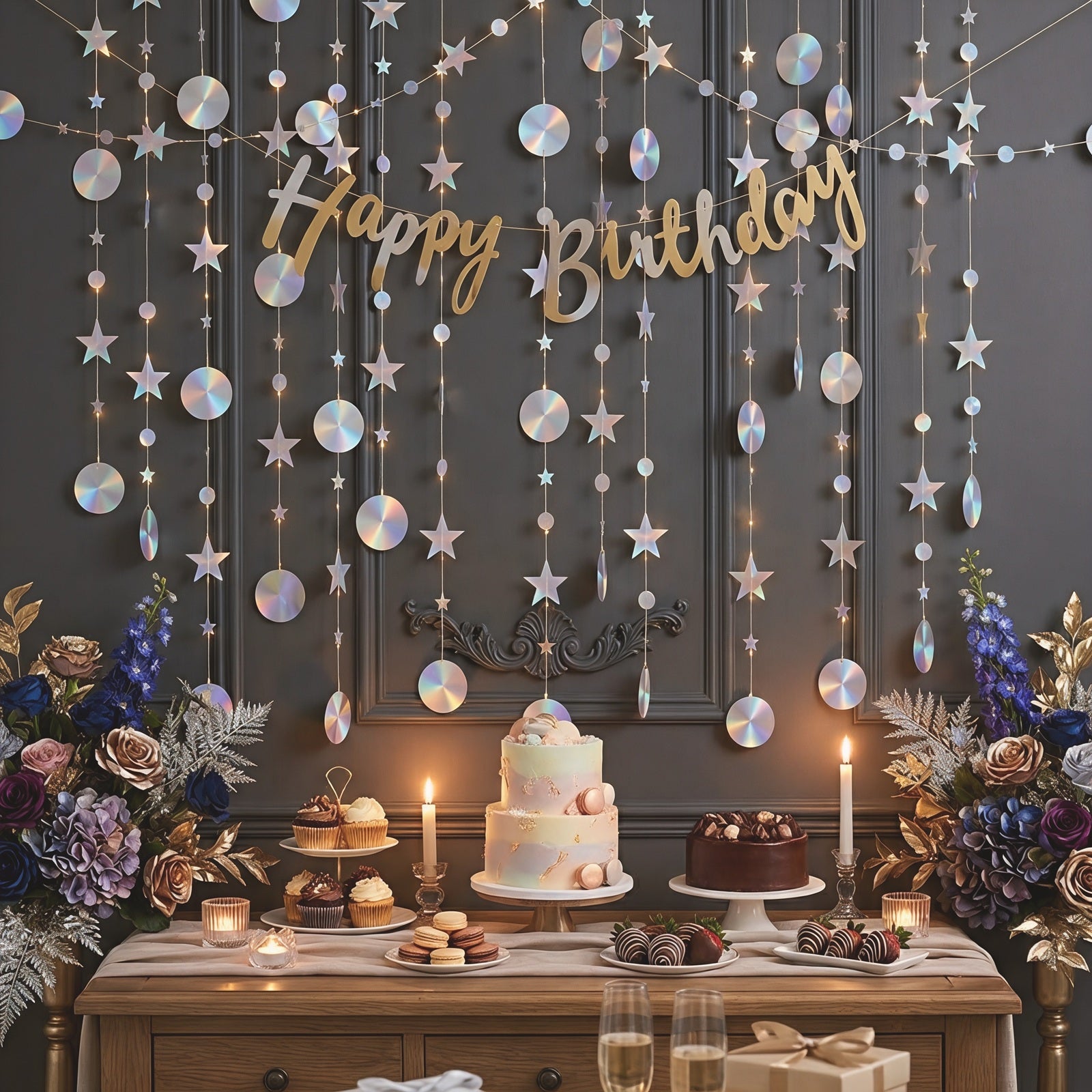 Wrapables Iridescent Holographic Stars and Moon Circle Dot Hanging Garland Streamer Banner for Birthday Parties, Weddings, Anniversaries (Set of 3)