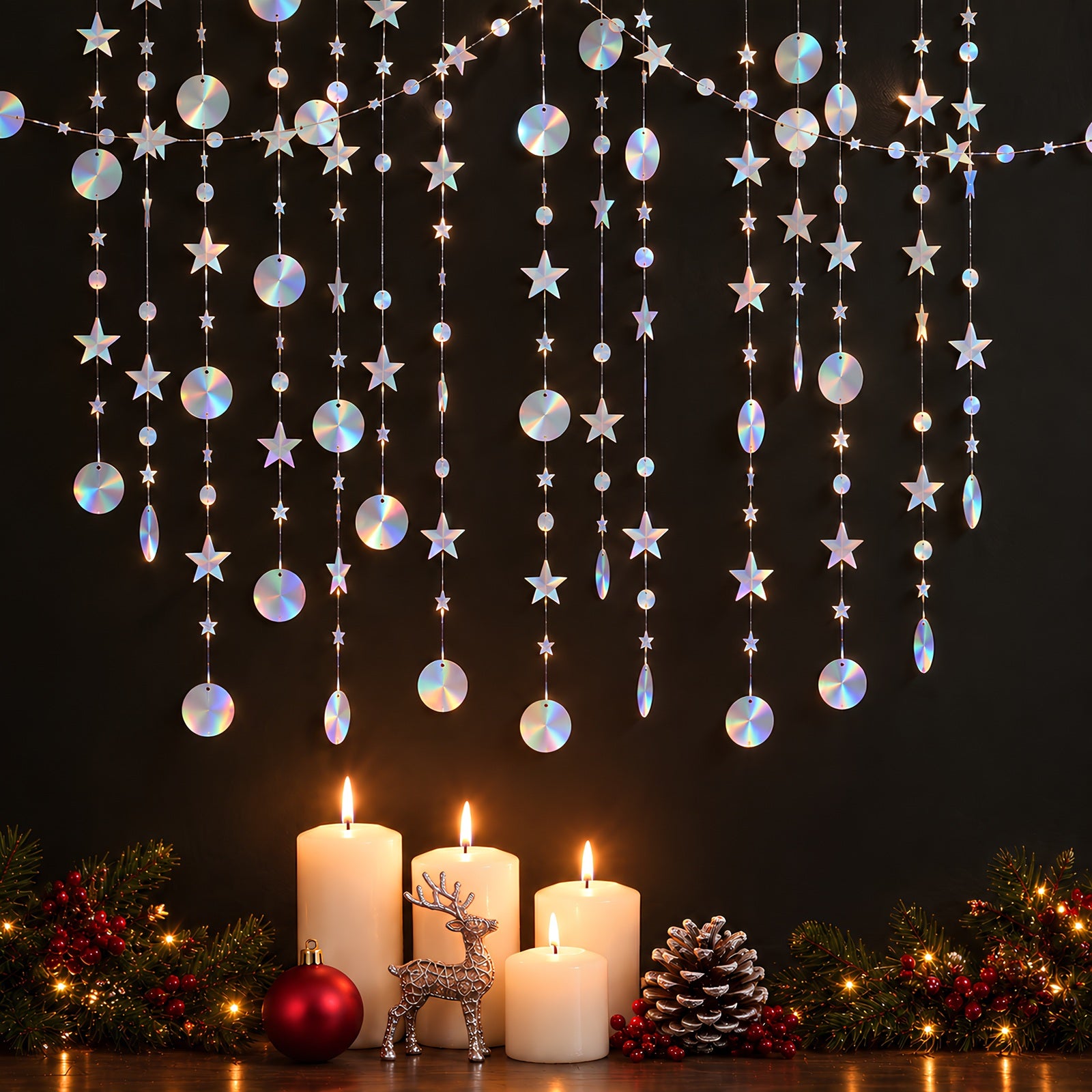 Wrapables Iridescent Holographic Stars and Moon Circle Dot Hanging Garland Streamer Banner for Birthday Parties, Weddings, Anniversaries (Set of 3)