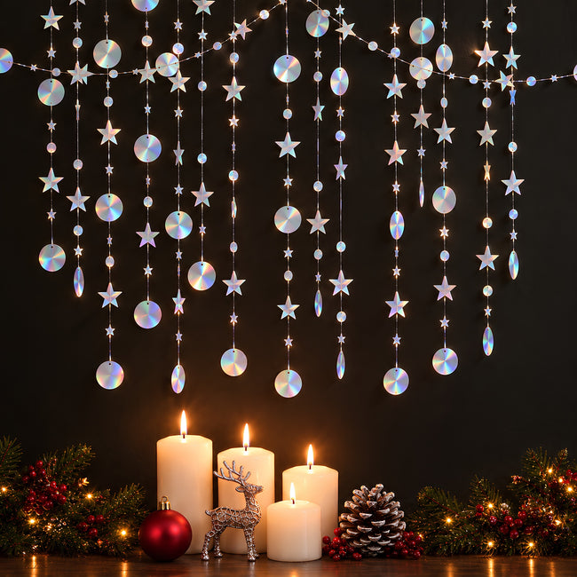 Wrapables Iridescent Holographic Stars and Moon Circle Dot Hanging Garland Streamer Banner for Birthday Parties, Weddings, Anniversaries (Set of 3)