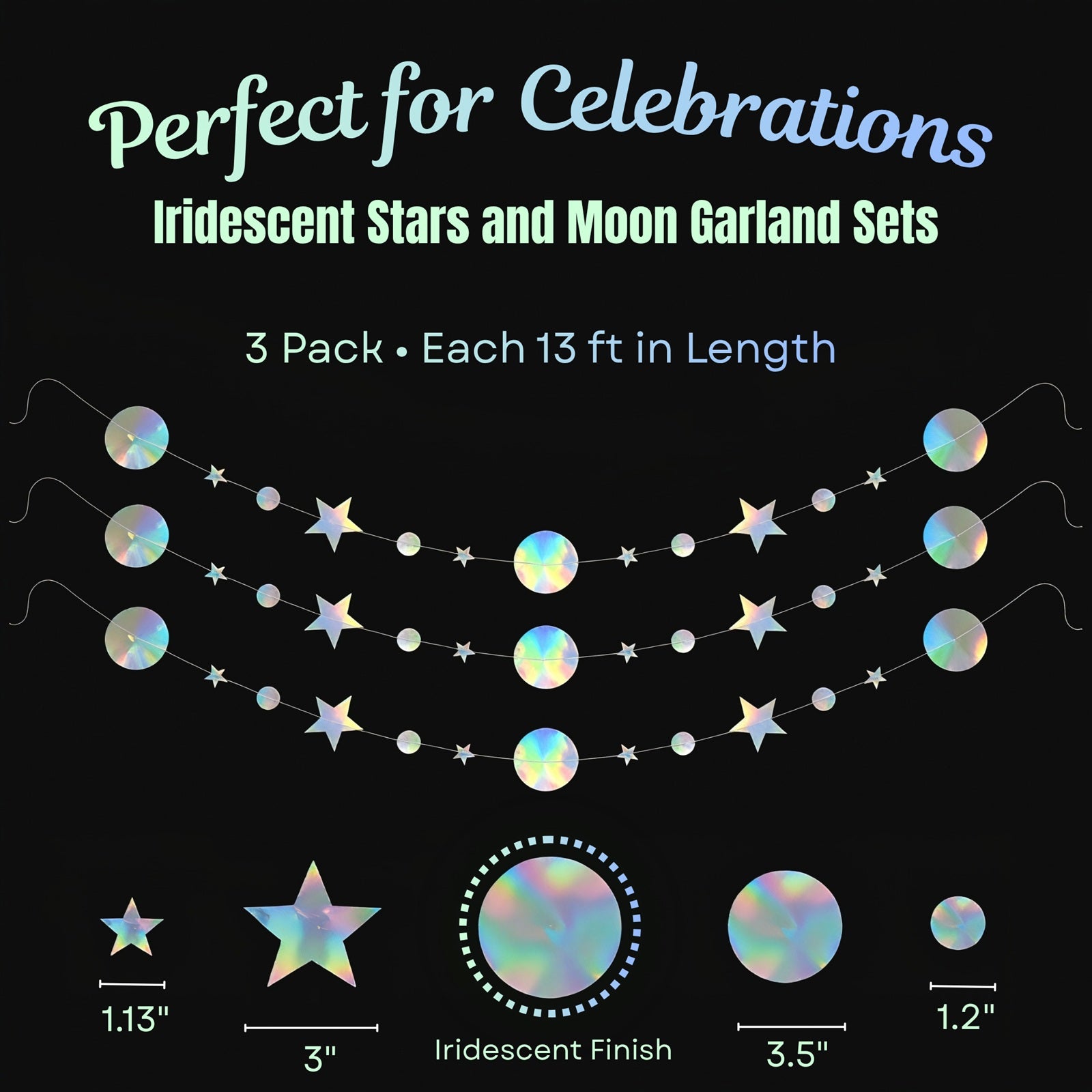 Wrapables Iridescent Holographic Stars and Moon Circle Dot Hanging Garland Streamer Banner for Birthday Parties, Weddings, Anniversaries (Set of 3)