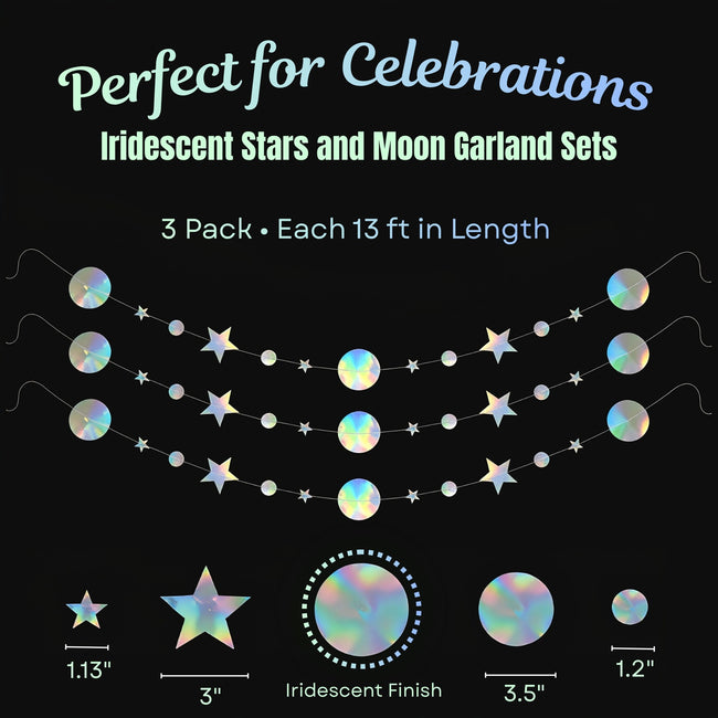 Wrapables Iridescent Holographic Stars and Moon Circle Dot Hanging Garland Streamer Banner for Birthday Parties, Weddings, Anniversaries (Set of 3)