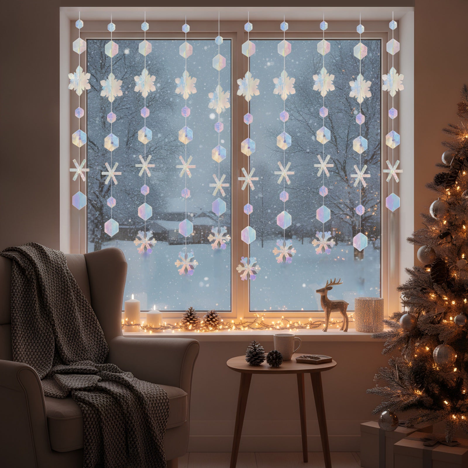 Wrapables Iridescent Holographic Hanging Snowflakes Garland Streamer Banner for Christmas Winter Holiday Parties, Birthdays, Weddings (Set of 3)