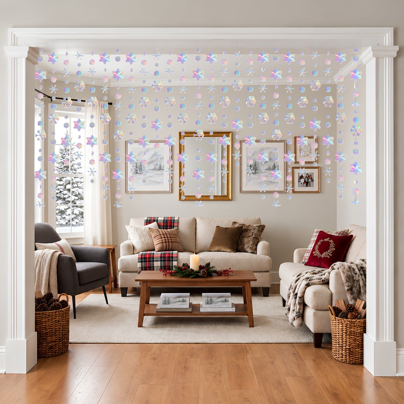 Wrapables Iridescent Holographic Hanging Snowflakes Garland Streamer Banner for Christmas Winter Holiday Parties, Birthdays, Weddings (Set of 3)