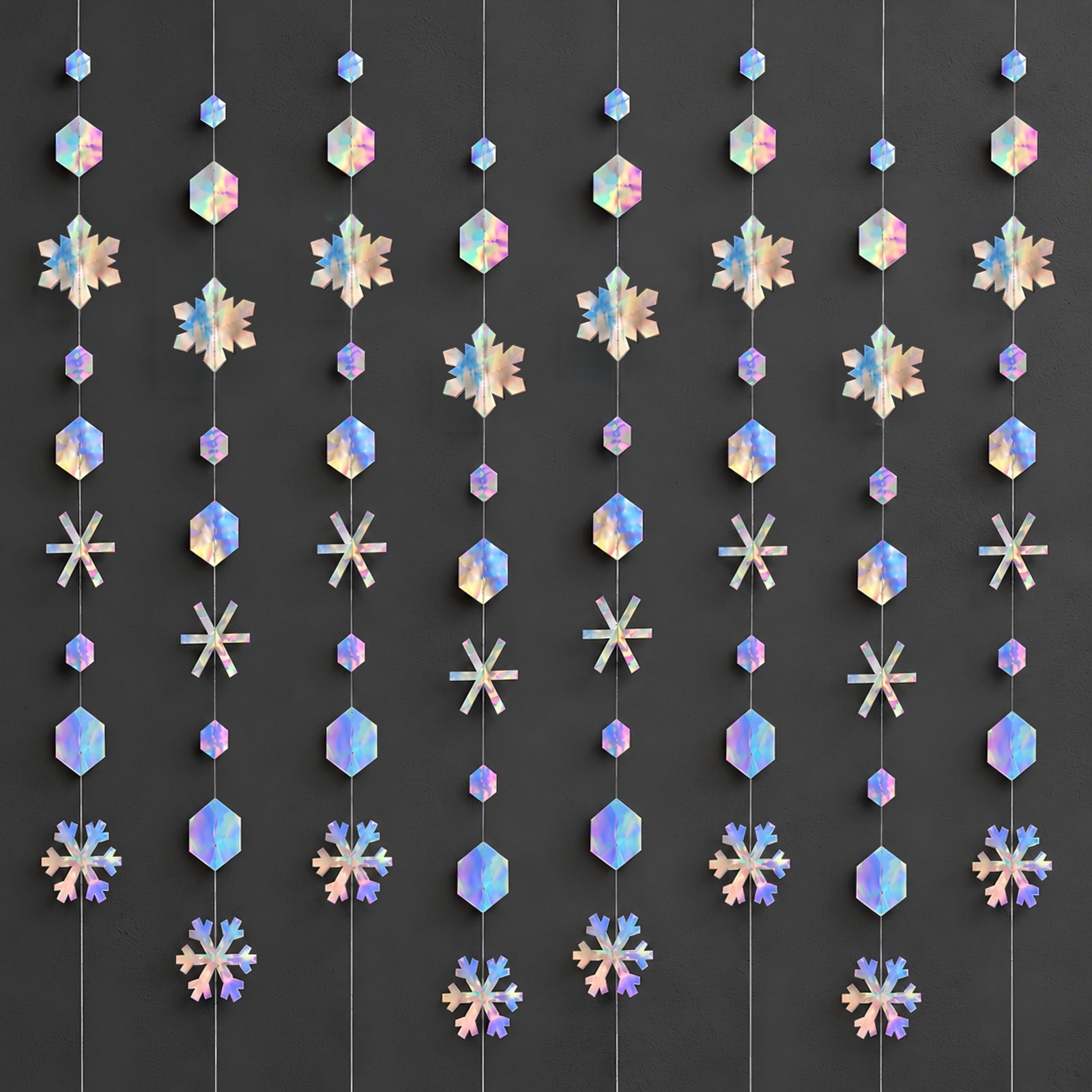 Wrapables Iridescent Holographic Hanging Snowflakes Garland Streamer Banner for Christmas Winter Holiday Parties, Birthdays, Weddings (Set of 3)