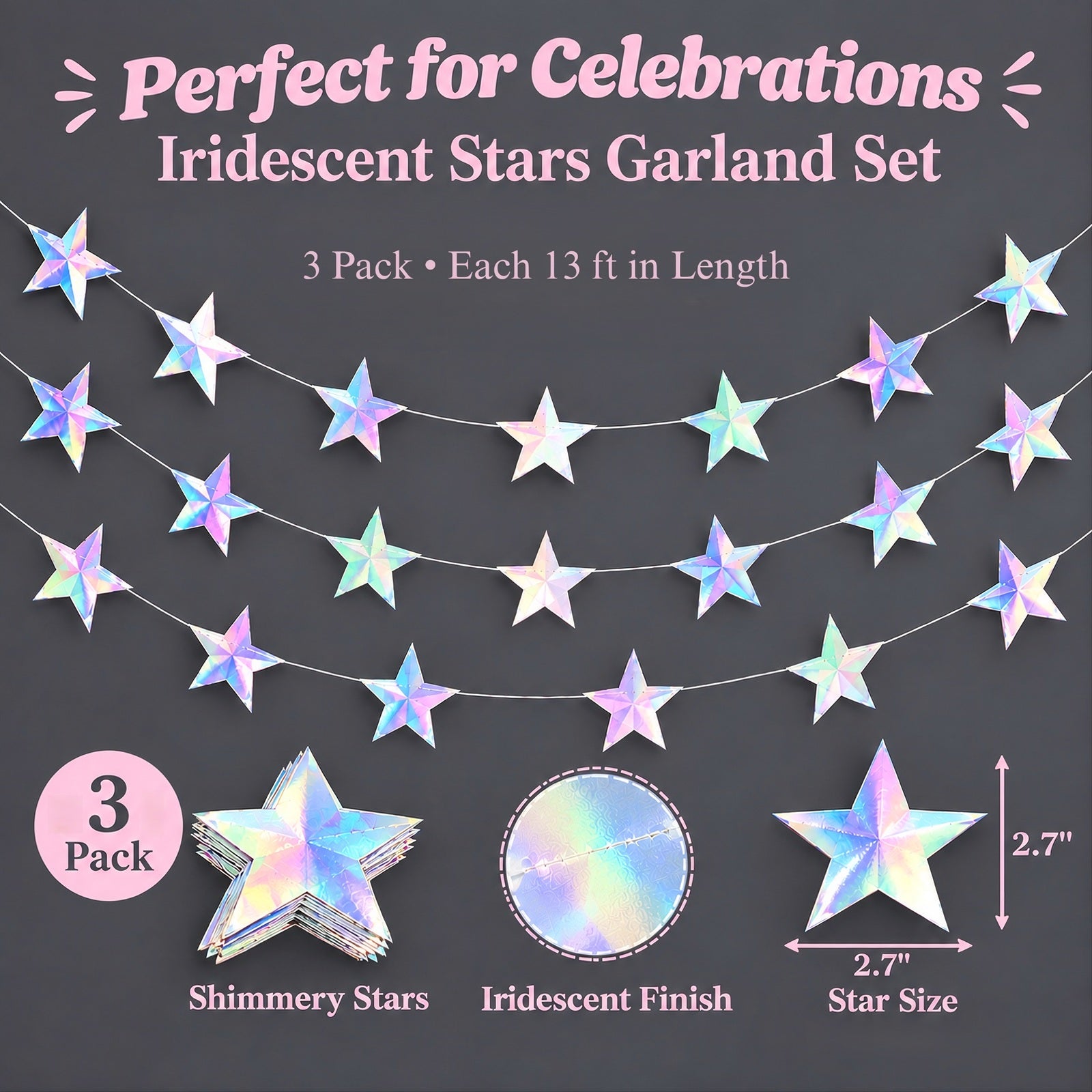 Wrapables Iridescent Holographic Hanging Stars Garland Streamer Banner for Birthday Parties, Weddings, Anniversaries (Set of 3)