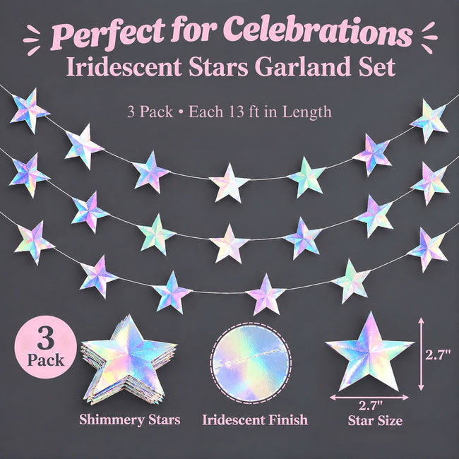 Wrapables Iridescent Holographic Hanging Stars Garland Streamer Banner for Birthday Parties, Weddings, Anniversaries (Set of 3)