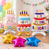 Wrapables Happy Birthday Balloon Set, Self Standing Aluminum Foil Balloon Party Decorations (Set of 9), Birthday Cake and Stars