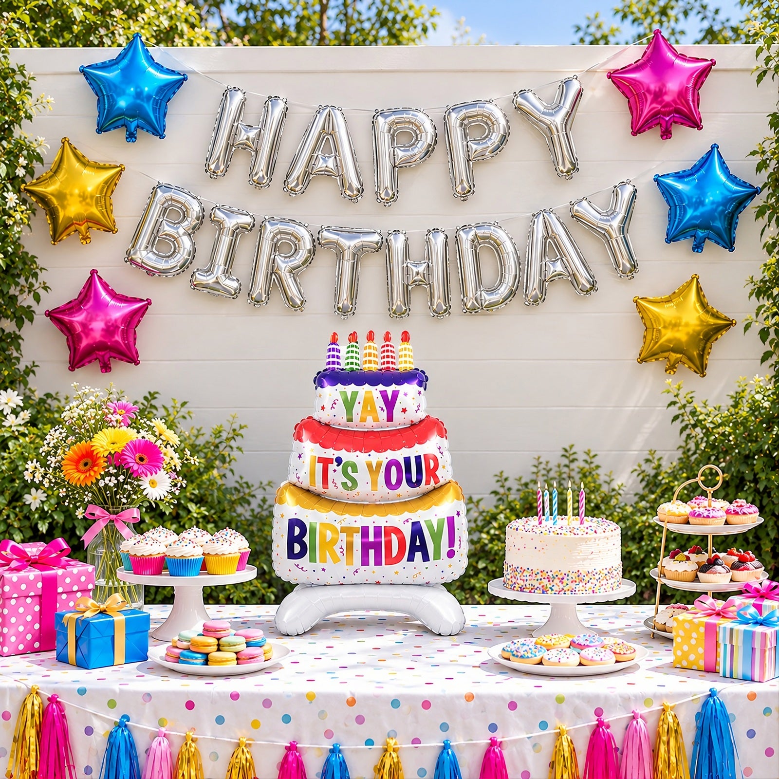 Wrapables Happy Birthday Balloon Set, Self Standing Aluminum Foil Balloon Party Decorations (Set of 9), Birthday Cake and Stars