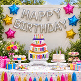 Wrapables Happy Birthday Balloon Set, Self Standing Aluminum Foil Balloon Party Decorations (Set of 9), Birthday Cake and Stars
