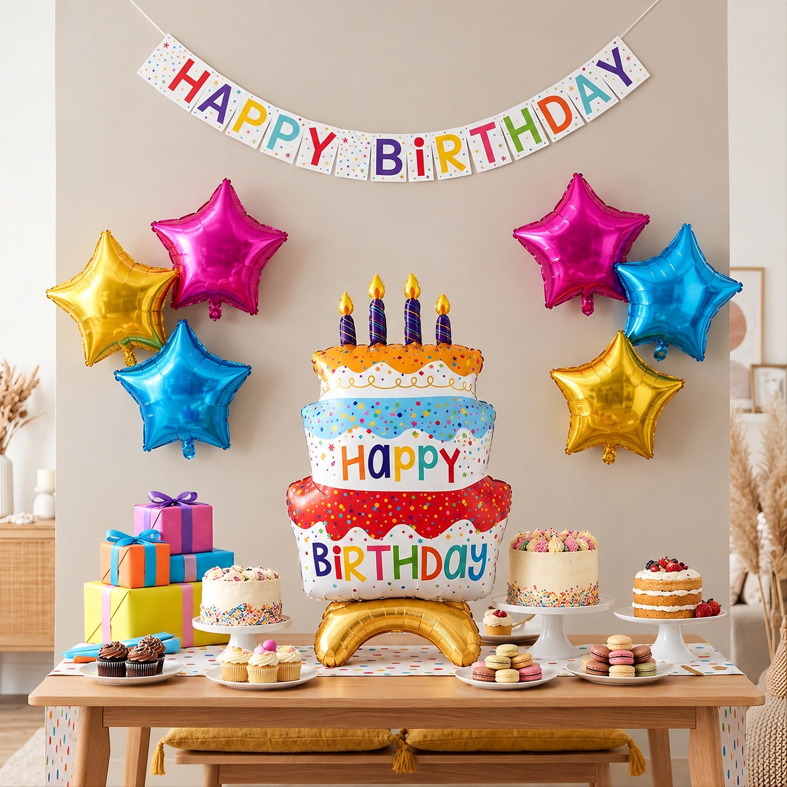 Wrapables Happy Birthday Balloon Set, Self Standing Aluminum Foil Balloon Party Decorations (Set of 9), Birthday Cake and Stars