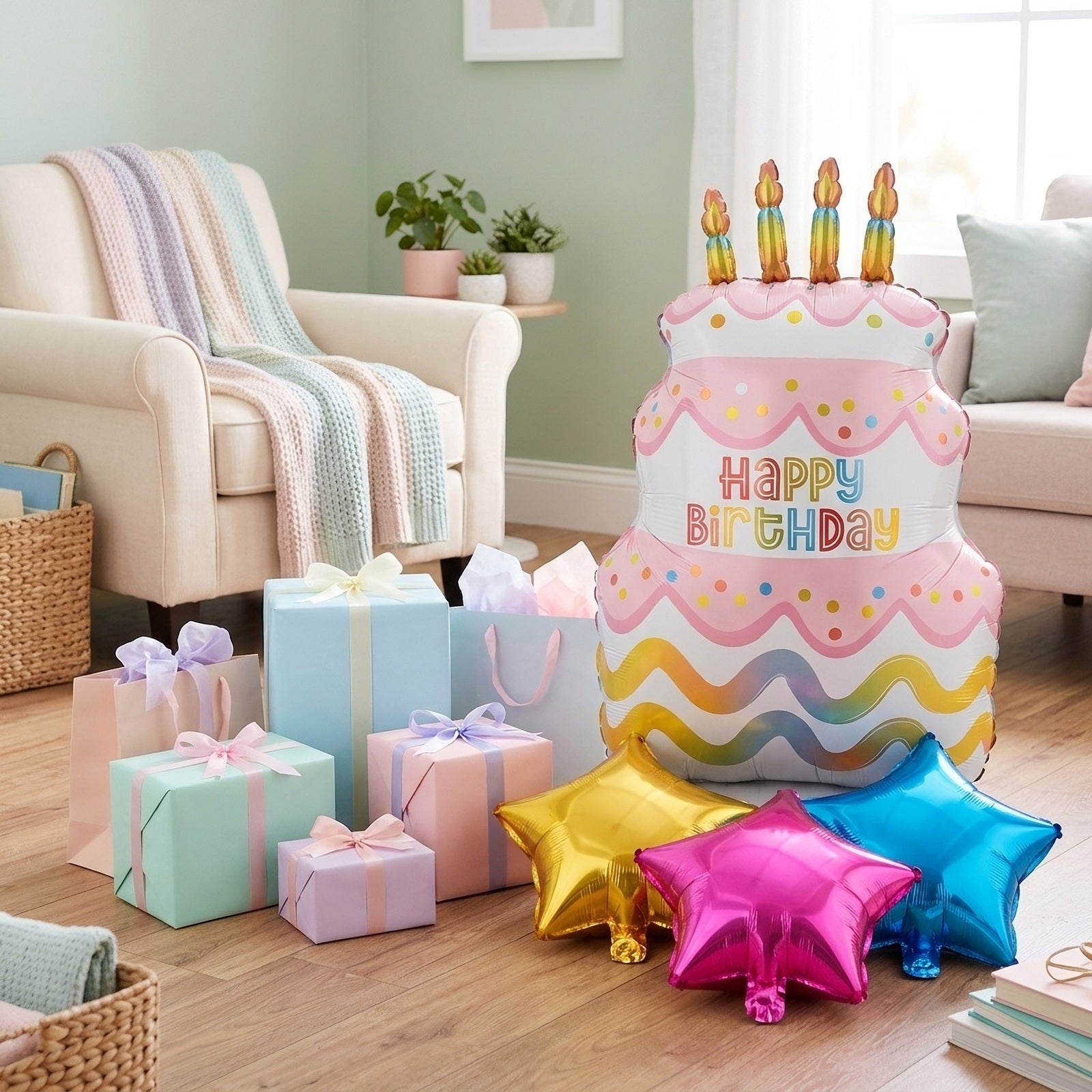 Wrapables Happy Birthday Balloon Set, Self Standing Aluminum Foil Balloon Party Decorations (Set of 9), Birthday Cake and Stars