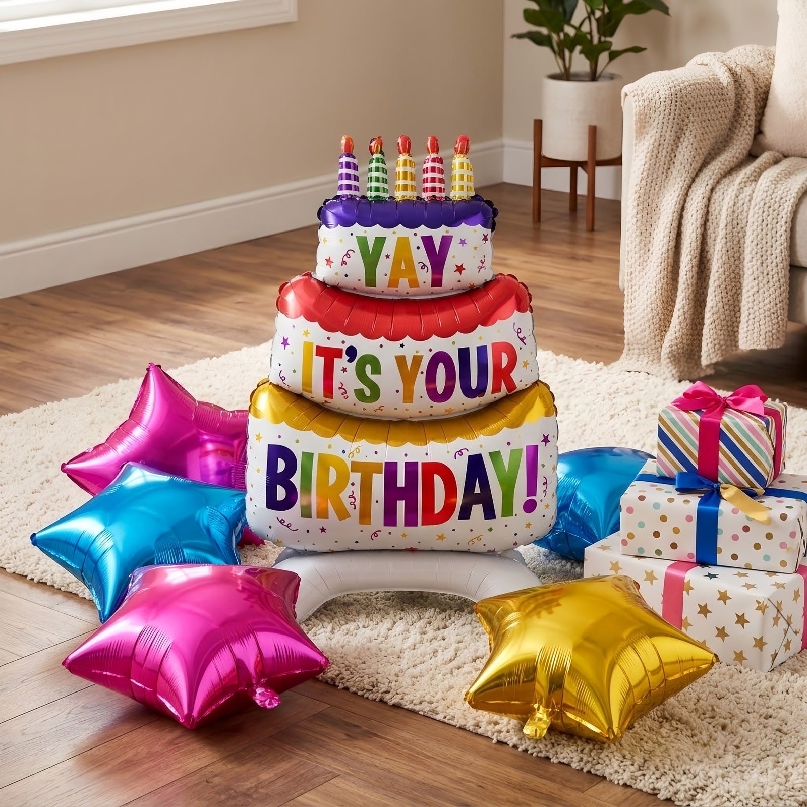 Wrapables Happy Birthday Balloon Set, Self Standing Aluminum Foil Balloon Party Decorations (Set of 9), Birthday Cake and Stars