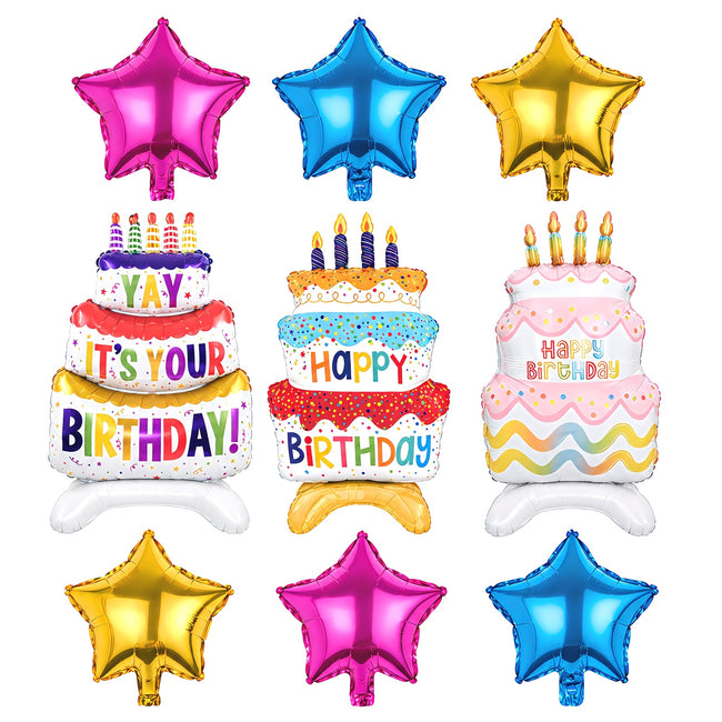 Wrapables Happy Birthday Balloon Set, Self Standing Aluminum Foil Balloon Party Decorations (Set of 9), Birthday Cake and Stars