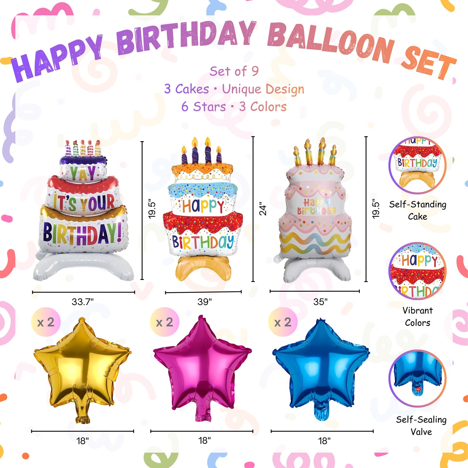 Wrapables Happy Birthday Balloon Set, Self Standing Aluminum Foil Balloon Party Decorations (Set of 9), Birthday Cake and Stars