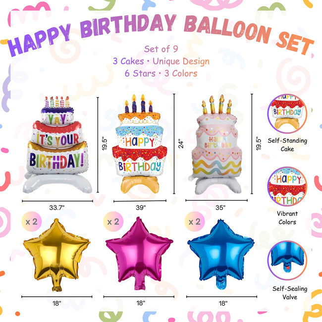 Wrapables Happy Birthday Balloon Set, Self Standing Aluminum Foil Balloon Party Decorations (Set of 9), Birthday Cake and Stars