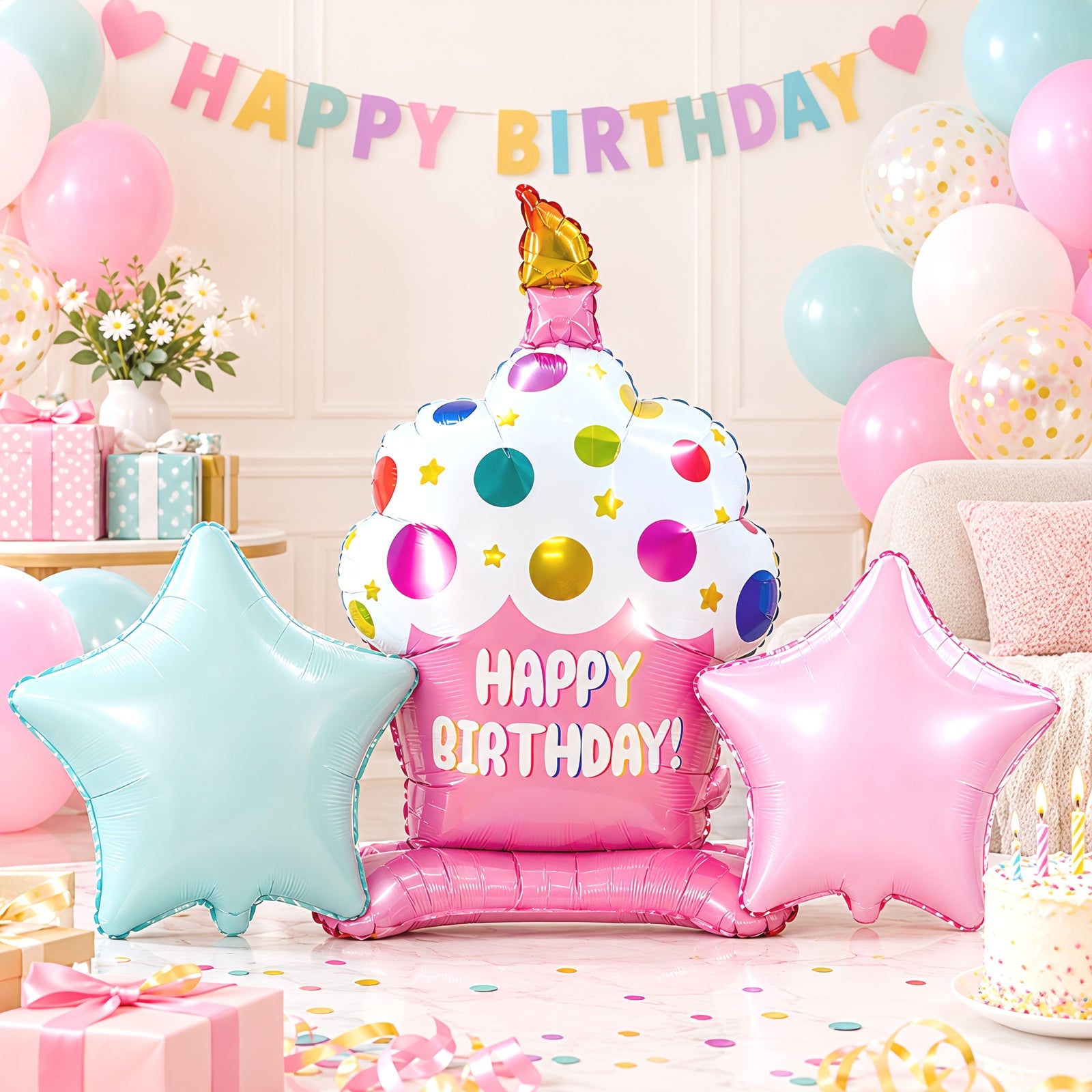 Wrapables Happy Birthday Balloon Set, Self Standing Aluminum Foil Balloon Party Decorations (Set of 10), Cupcake, Ice Cream, Stars
