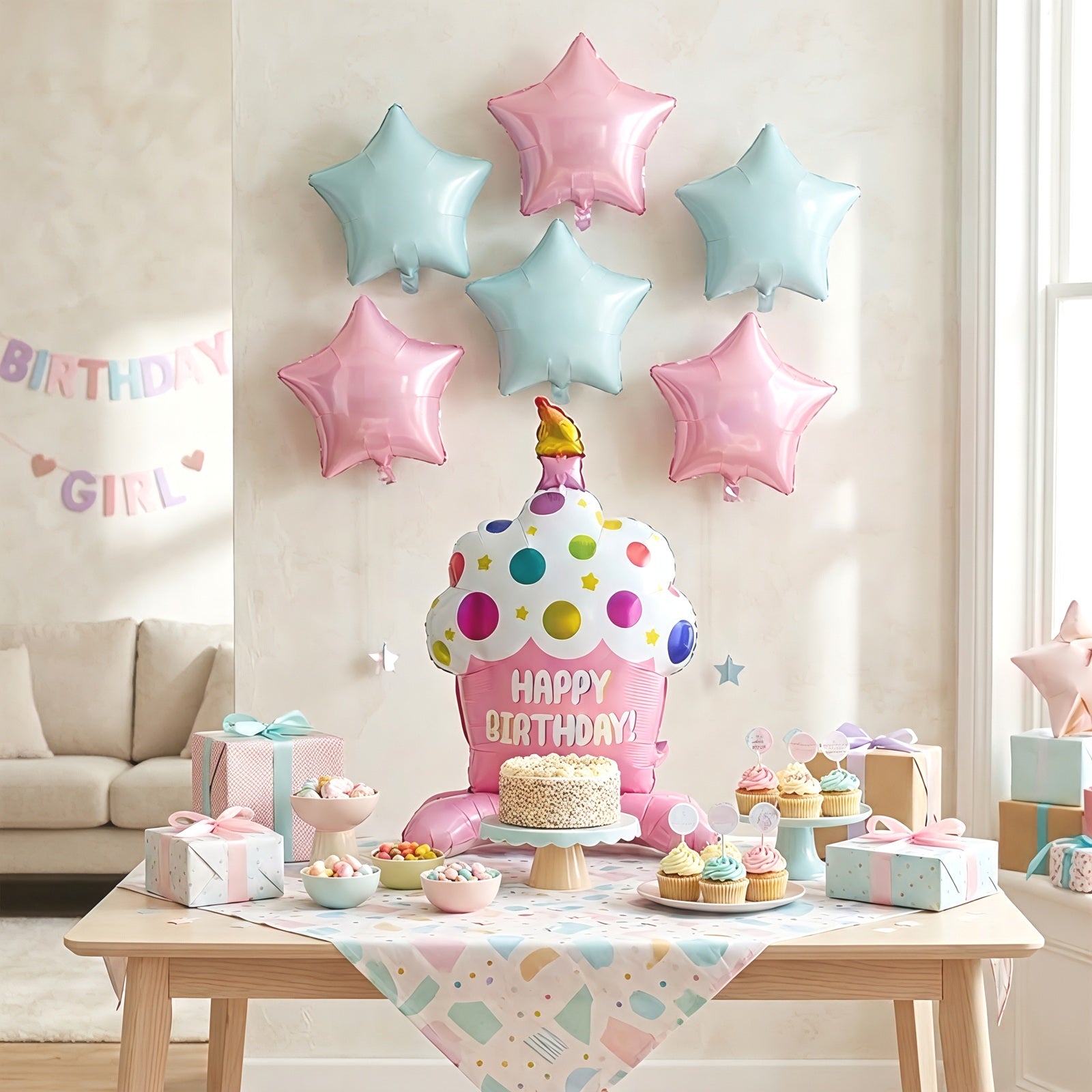 Wrapables Happy Birthday Balloon Set, Self Standing Aluminum Foil Balloon Party Decorations (Set of 10), Cupcake, Ice Cream, Stars