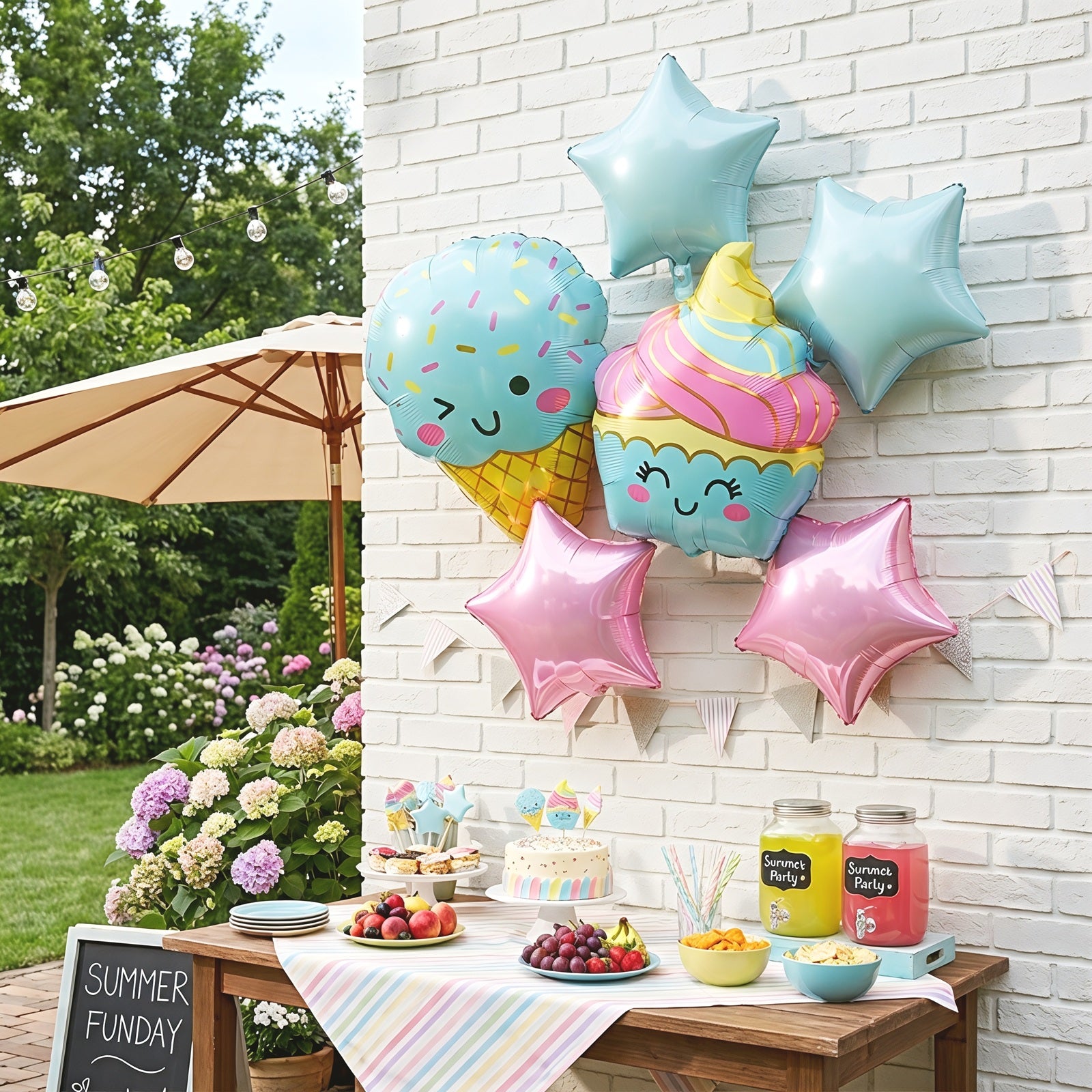 Wrapables Happy Birthday Balloon Set, Self Standing Aluminum Foil Balloon Party Decorations (Set of 10), Cupcake, Ice Cream, Stars