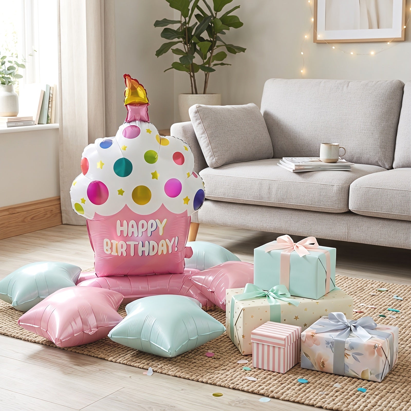 Wrapables Happy Birthday Balloon Set, Self Standing Aluminum Foil Balloon Party Decorations (Set of 10), Cupcake, Ice Cream, Stars