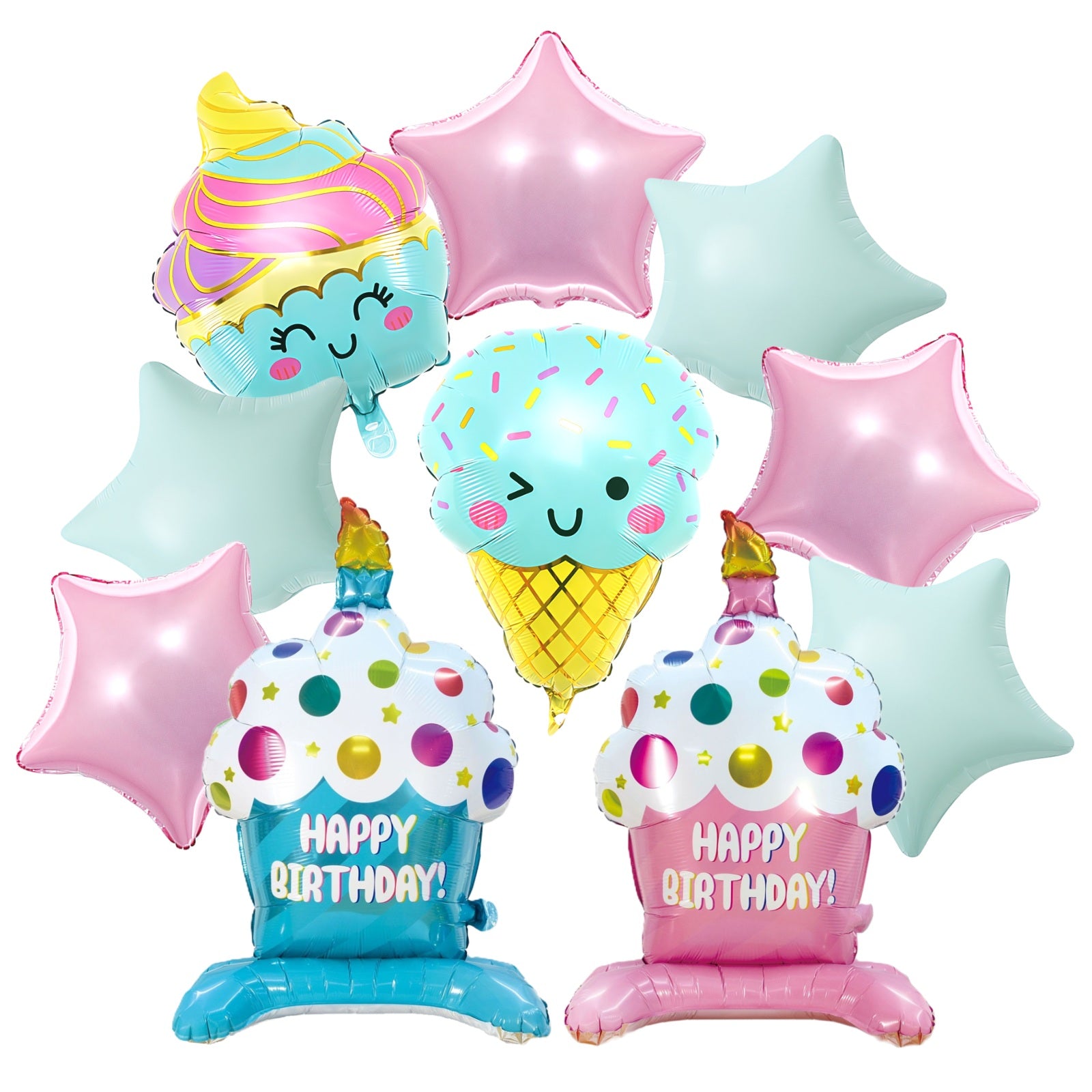 Wrapables Happy Birthday Balloon Set, Self Standing Aluminum Foil Balloon Party Decorations (Set of 10), Cupcake, Ice Cream, Stars