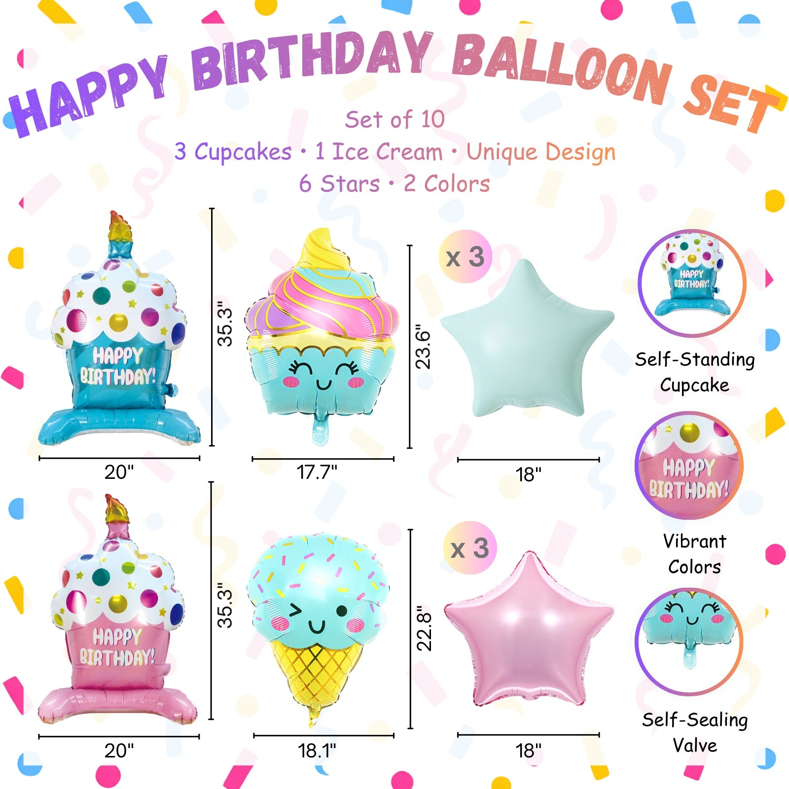 Wrapables Happy Birthday Balloon Set, Self Standing Aluminum Foil Balloon Party Decorations (Set of 10), Cupcake, Ice Cream, Stars