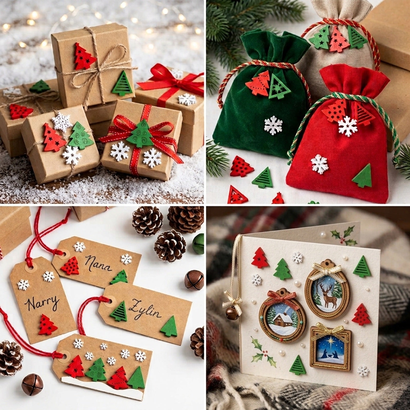Wrapables Mini Wooden Snowflakes and Christmas Trees Cutout Assortment, Xmas Wood Slices, Tree Ornaments, DIY Crafts, Decorations (150pcs)