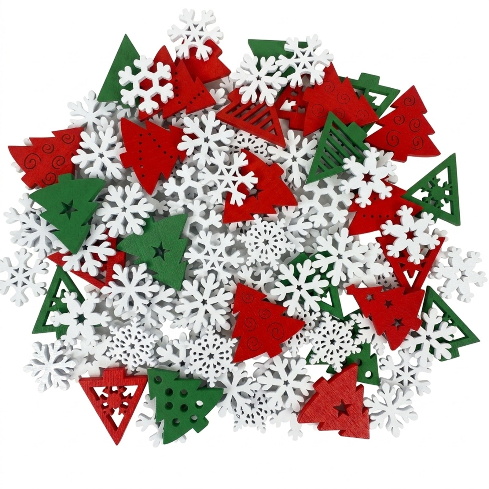 Wrapables Mini Wooden Snowflakes and Christmas Trees Cutout Assortment, Xmas Wood Slices, Tree Ornaments, DIY Crafts, Decorations (150pcs)