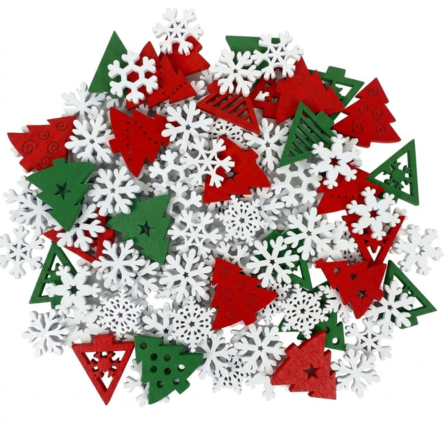 Wrapables Mini Wooden Snowflakes and Christmas Trees Cutout Assortment, Xmas Wood Slices, Tree Ornaments, DIY Crafts, Decorations (150pcs)