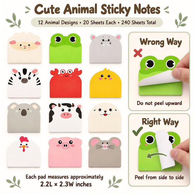 Wrapables Cute Animals Sticky Notes, Adhesive Memo Notepads for Home, Office, Work (Set of 12), Farm