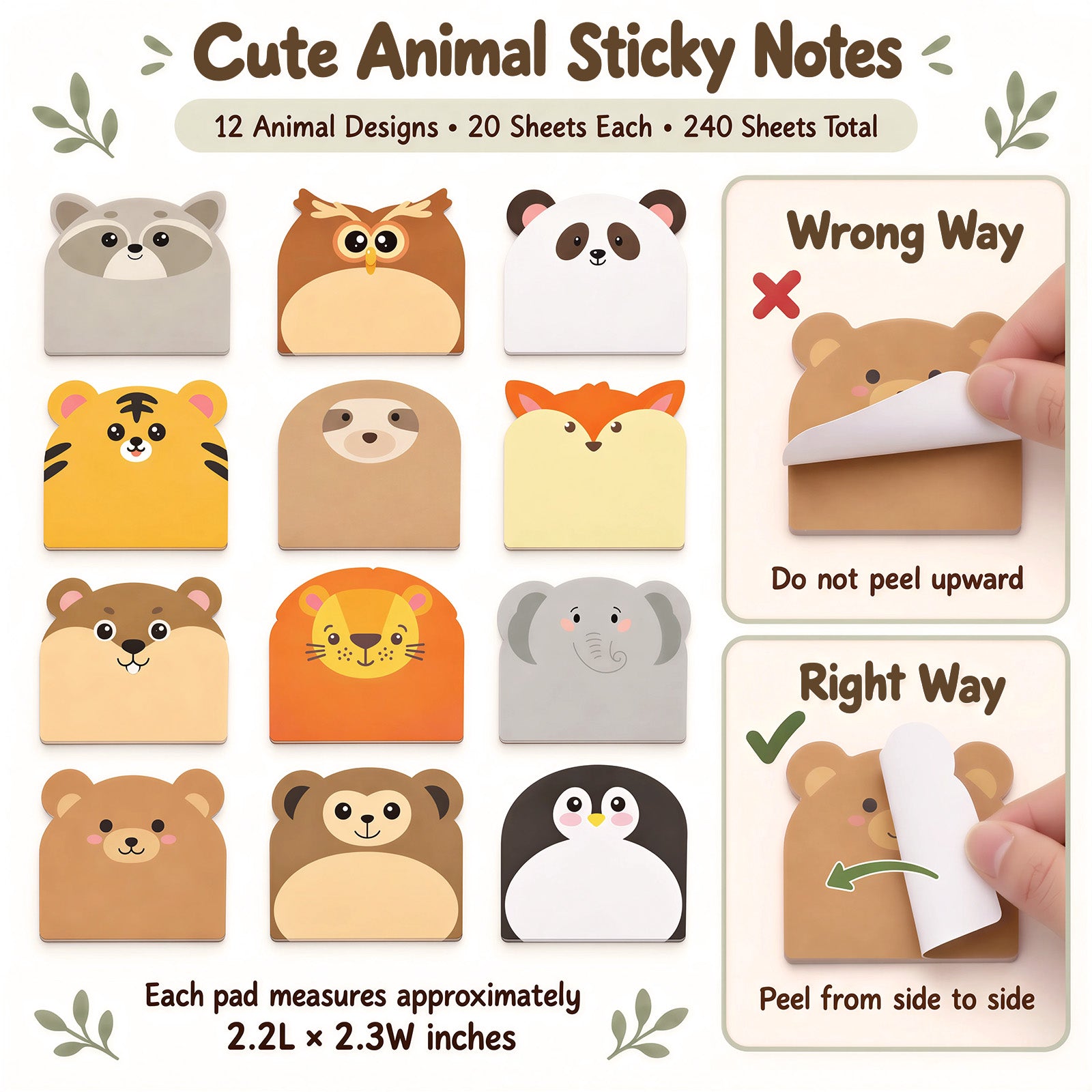 Wrapables Cute Animals Sticky Notes, Adhesive Memo Notepads for Home, Office, Work (Set of 12), Wilderness