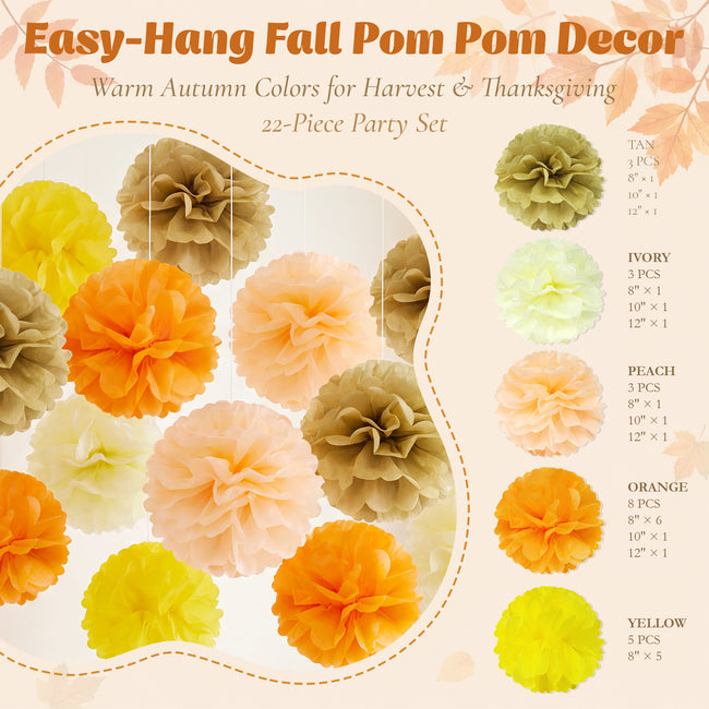 Wrapables Fall Pom Pom Party Decorations for Autumn, Harvest, Thanksgiving, Weddings, Birthdays, Baby Showers (Set of 22)