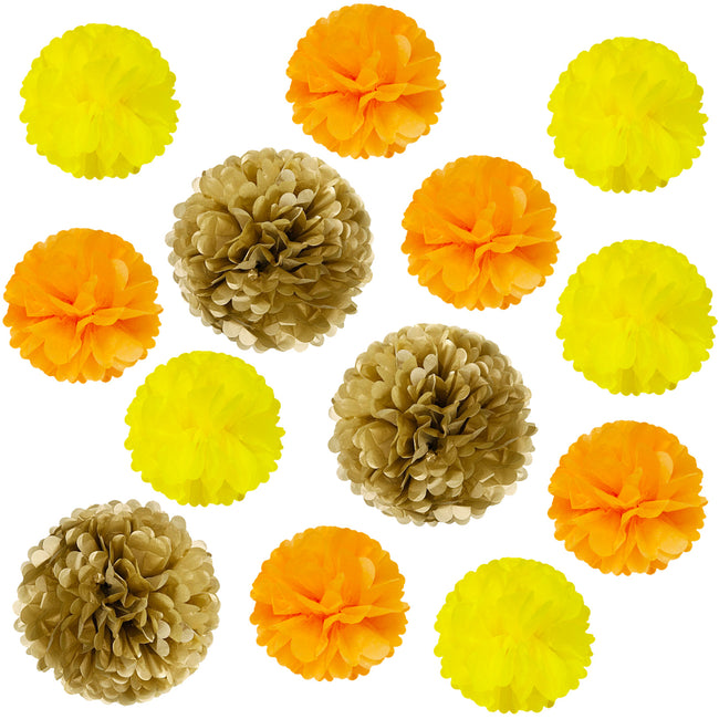 Wrapables Fall Pom Pom Party Decorations for Autumn, Harvest, Thanksgiving, Weddings, Birthdays, Baby Showers (Set of 13), Yellow, Orange, Gold
