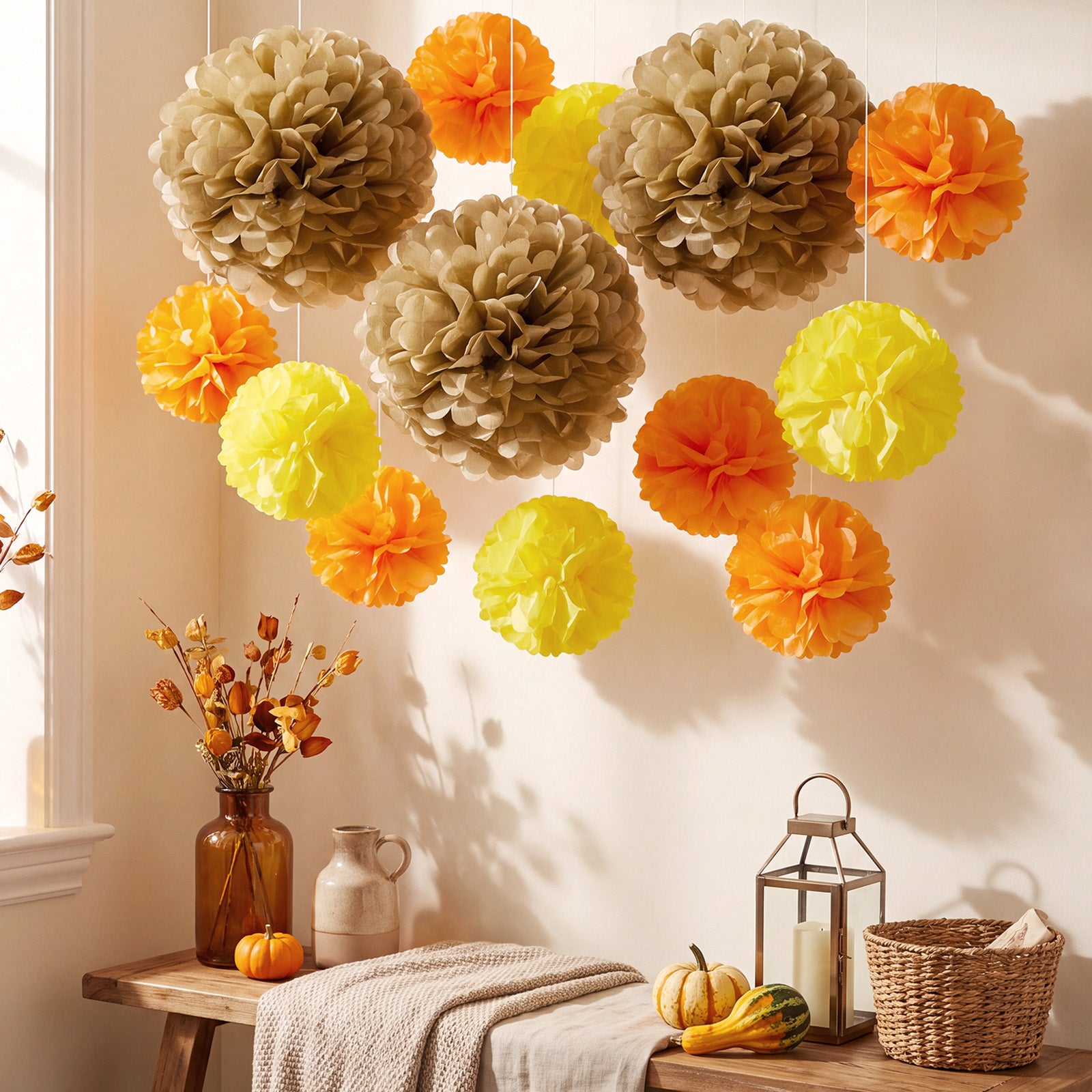 Wrapables Fall Pom Pom Party Decorations for Autumn, Harvest, Thanksgiving, Weddings, Birthdays, Baby Showers (Set of 13), Yellow, Orange, Gold