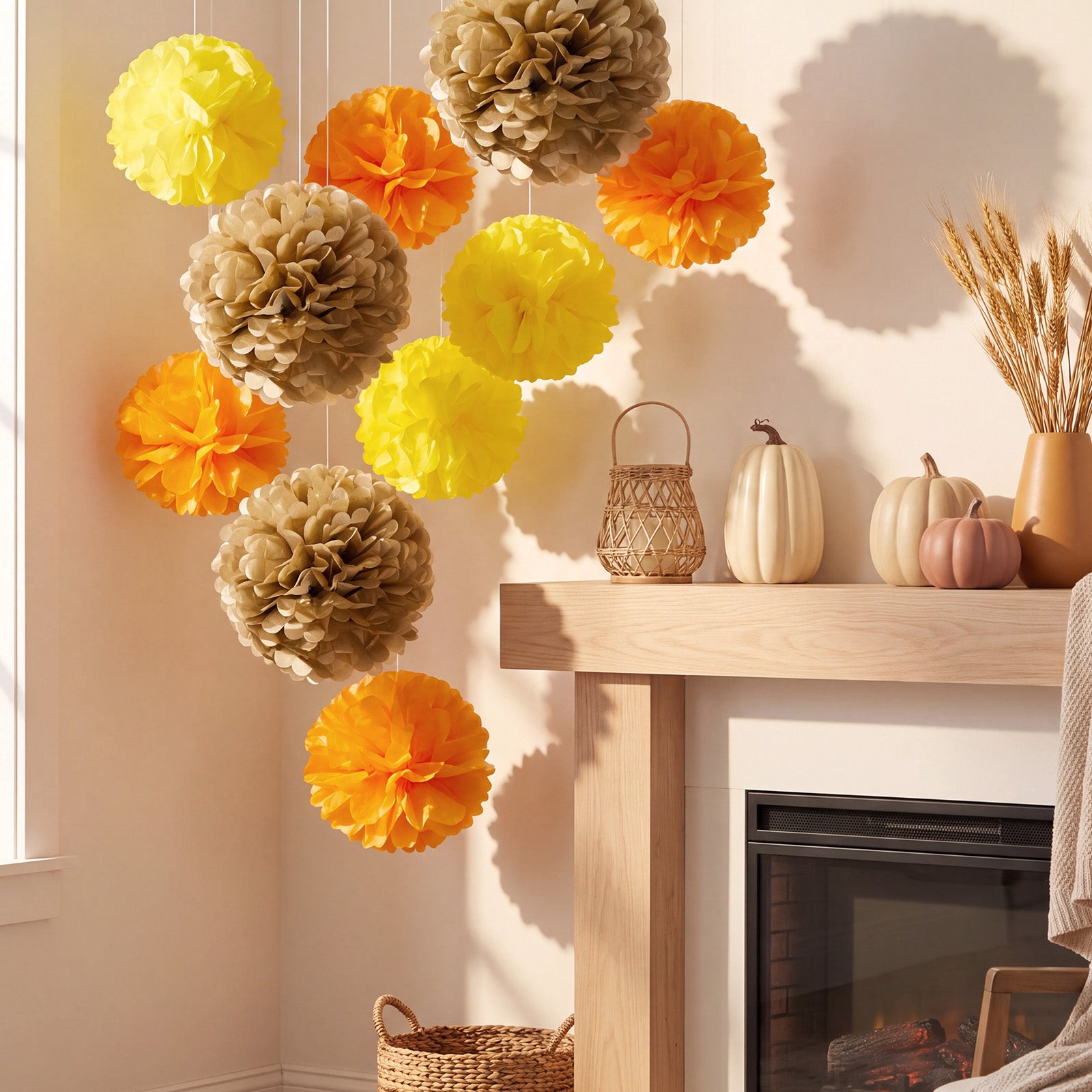 Wrapables Fall Pom Pom Party Decorations for Autumn, Harvest, Thanksgiving, Weddings, Birthdays, Baby Showers (Set of 13), Yellow, Orange, Gold