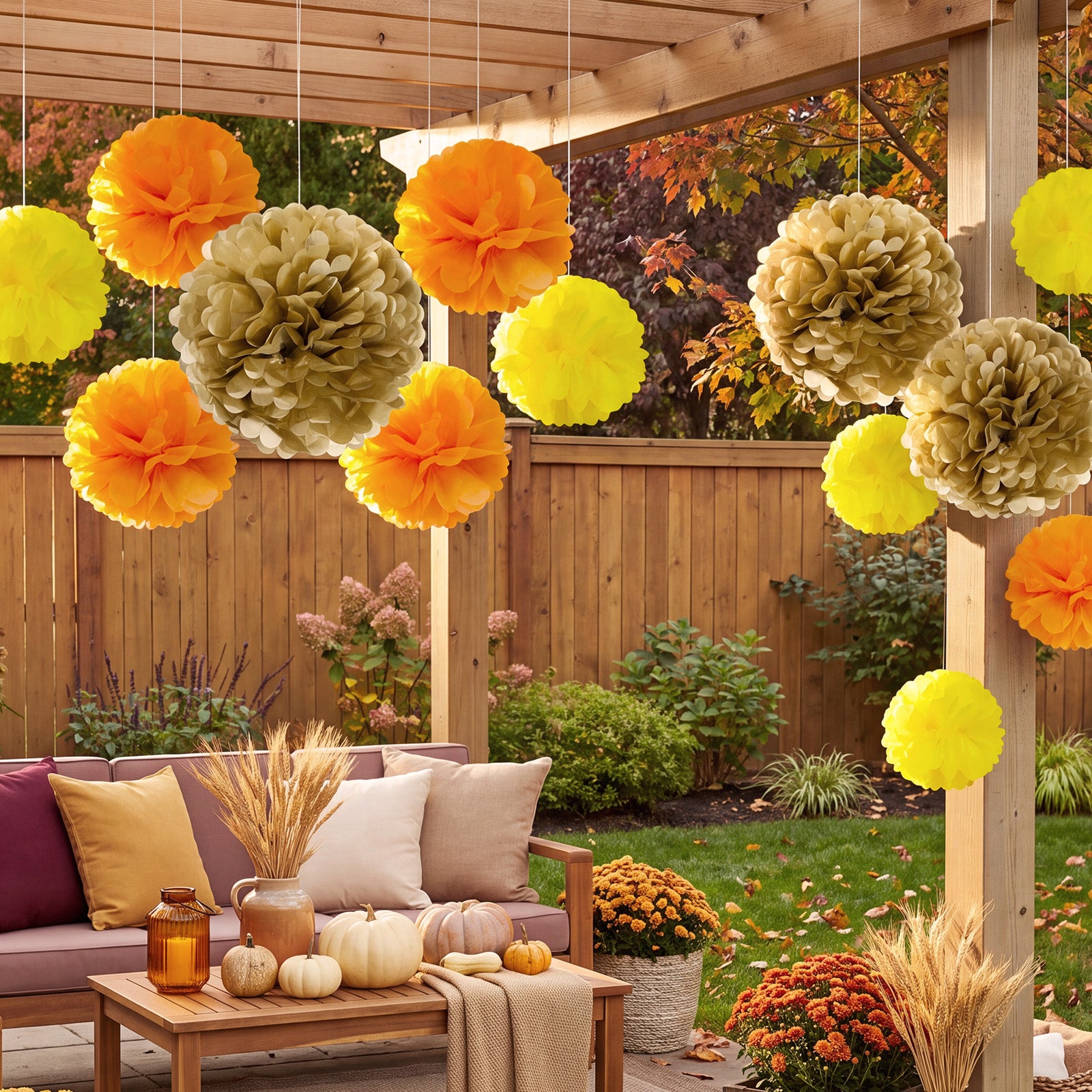 Wrapables Fall Pom Pom Party Decorations for Autumn, Harvest, Thanksgiving, Weddings, Birthdays, Baby Showers (Set of 13), Yellow, Orange, Gold