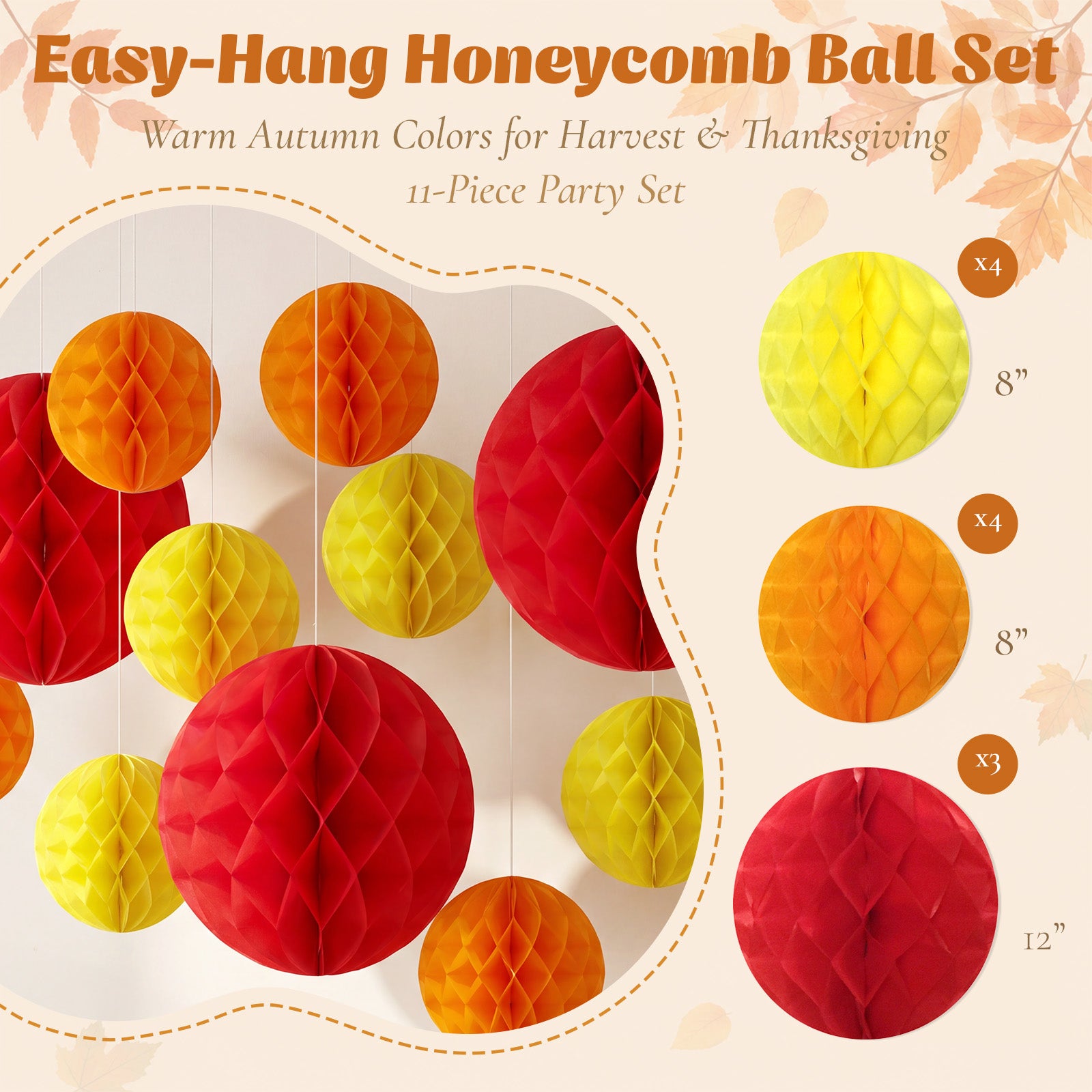 Wrapables Fall Honeycomb Ball Party Decorations for Autumn, Harvest, Thanksgiving, Weddings, Birthdays, Baby Showers (Set of 11), Yellow, Orange, Red