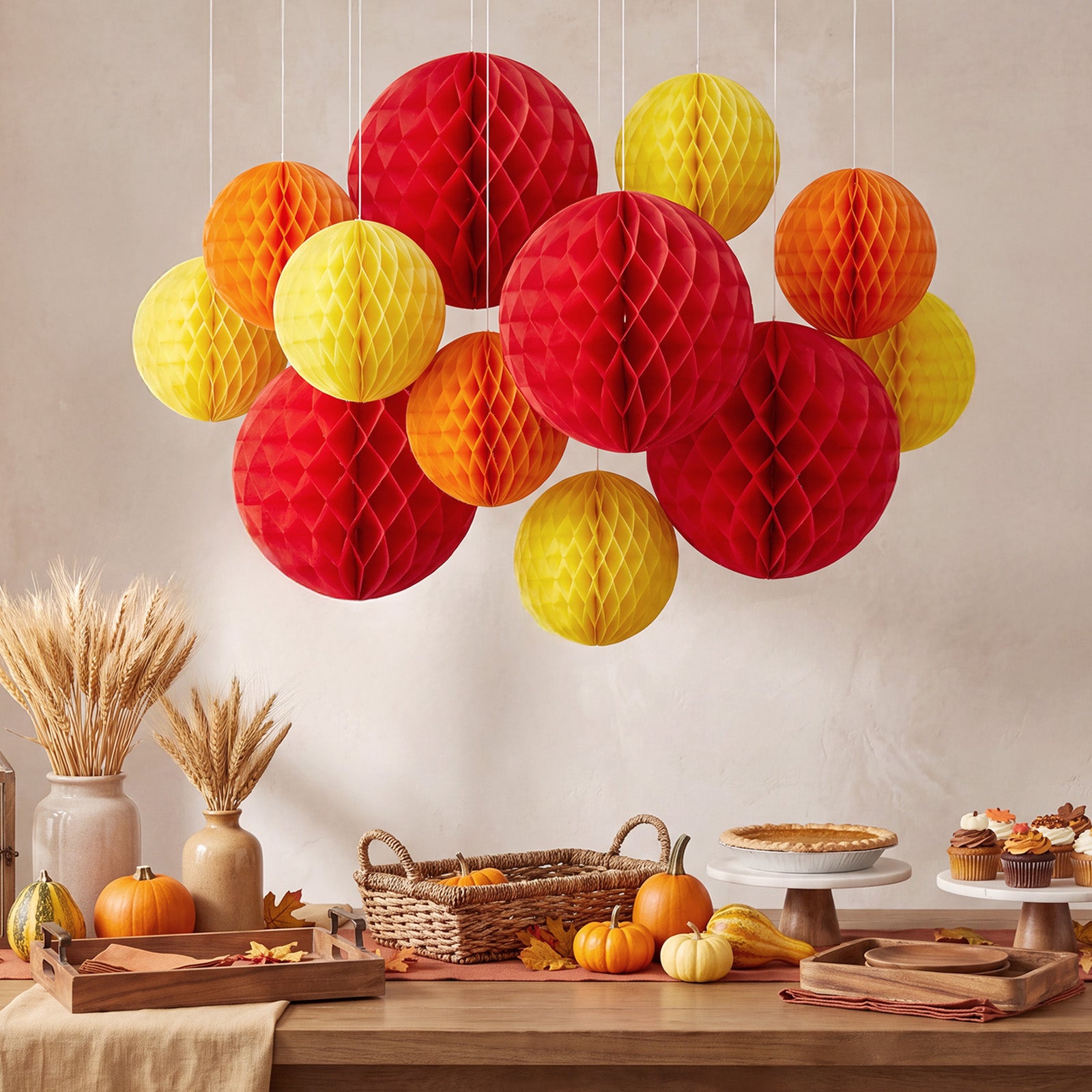 Wrapables Fall Honeycomb Ball Party Decorations for Autumn, Harvest, Thanksgiving, Weddings, Birthdays, Baby Showers (Set of 11), Yellow, Orange, Red