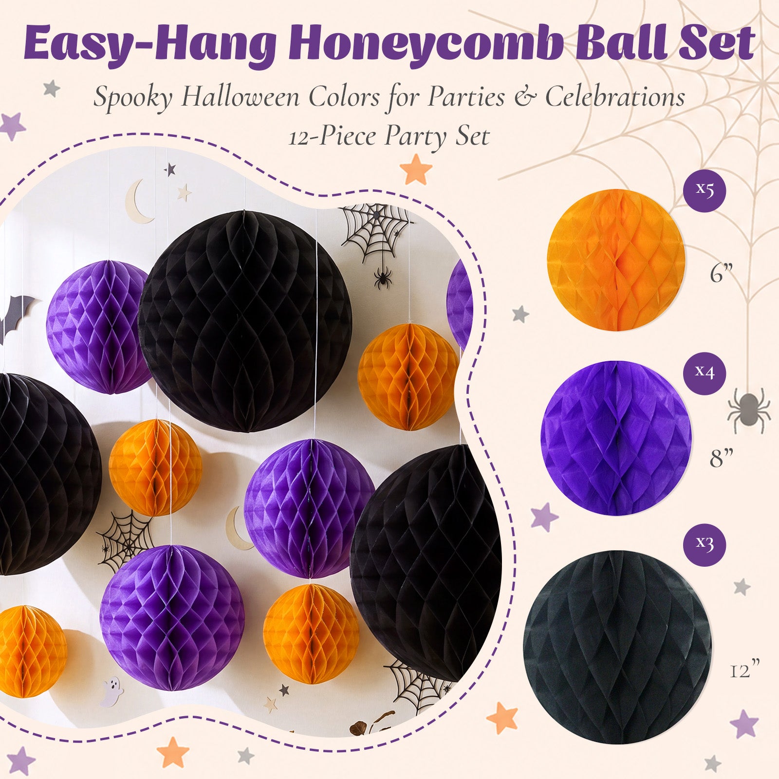 Wrapables Halloween Honeycomb Ball Party Decorations for Parties, Weddings, Birthdays, Baby Showers (Set of 12), Orange, Purple, Black