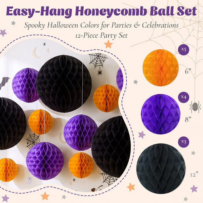 Wrapables Halloween Honeycomb Ball Party Decorations for Parties, Weddings, Birthdays, Baby Showers (Set of 12), Orange, Purple, Black