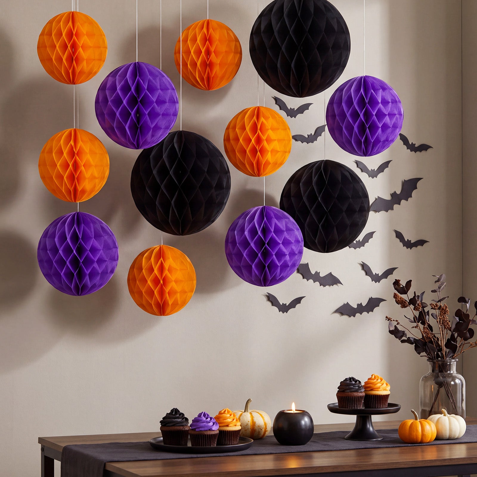 Wrapables Halloween Honeycomb Ball Party Decorations for Parties, Weddings, Birthdays, Baby Showers (Set of 12), Orange, Purple, Black