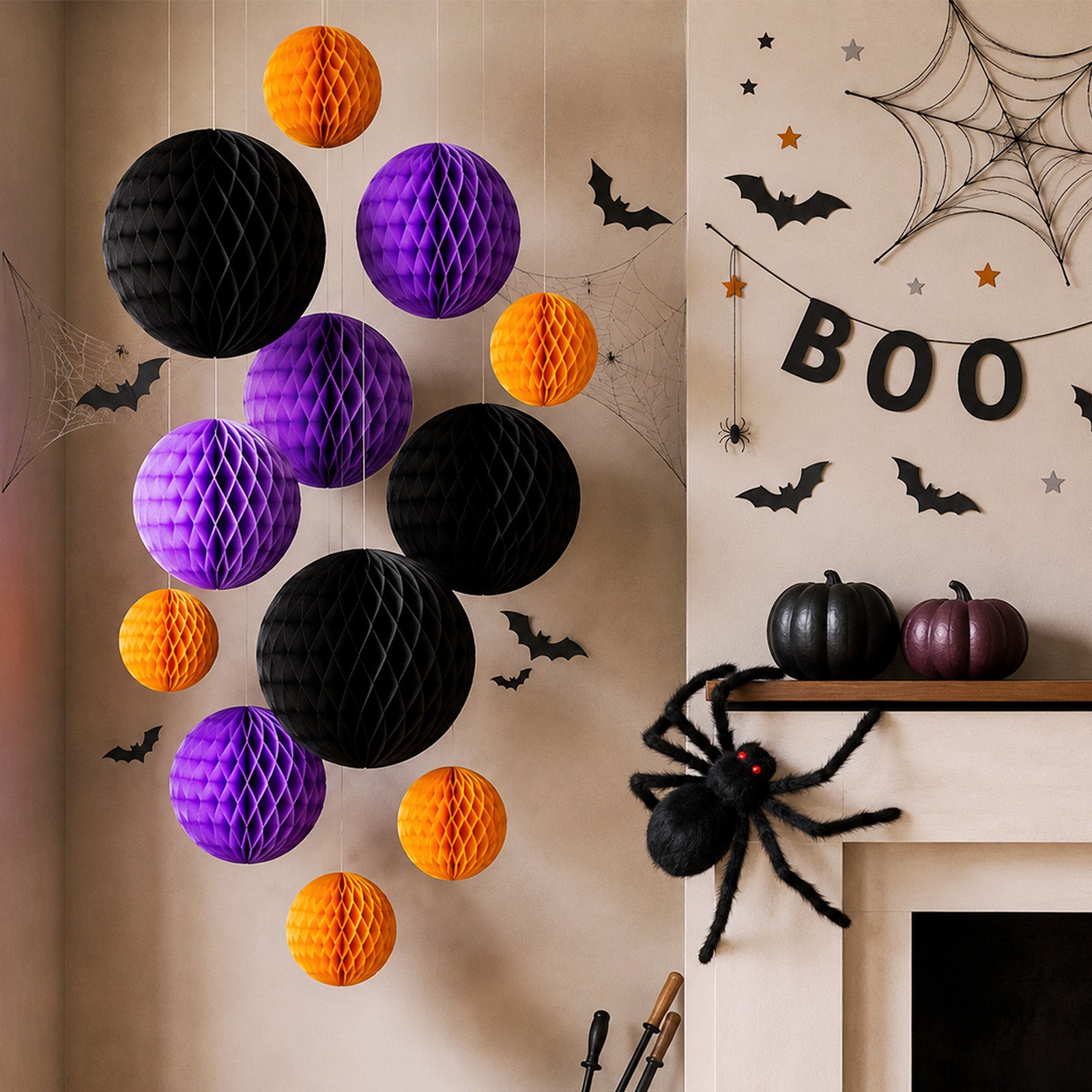 Wrapables Halloween Honeycomb Ball Party Decorations for Parties, Weddings, Birthdays, Baby Showers (Set of 12), Orange, Purple, Black